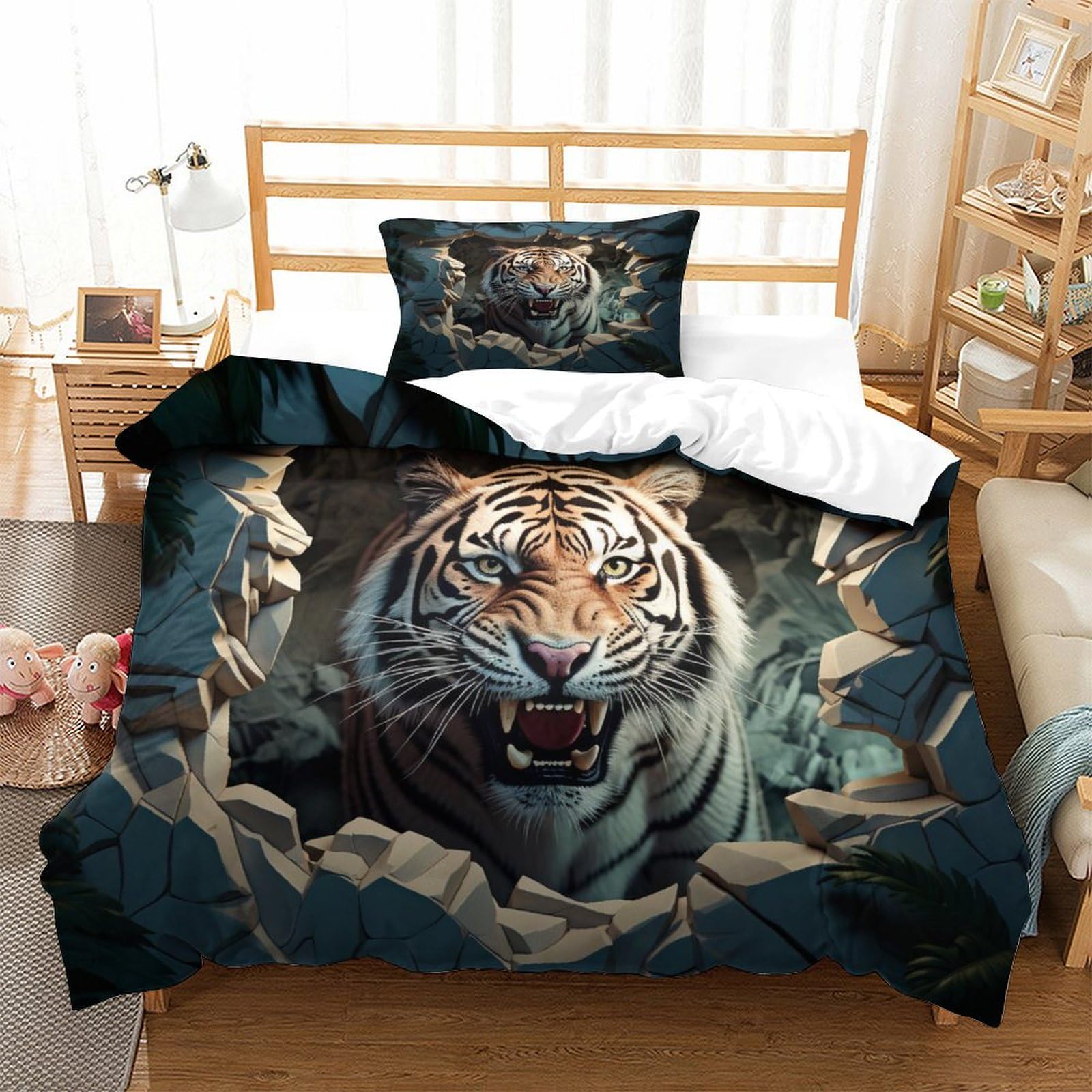 P1S9U7W5Y Dynamic Tiger 3D Printed Duvet Cover Set 3pcs Microfiber Wild Bedding Set Single