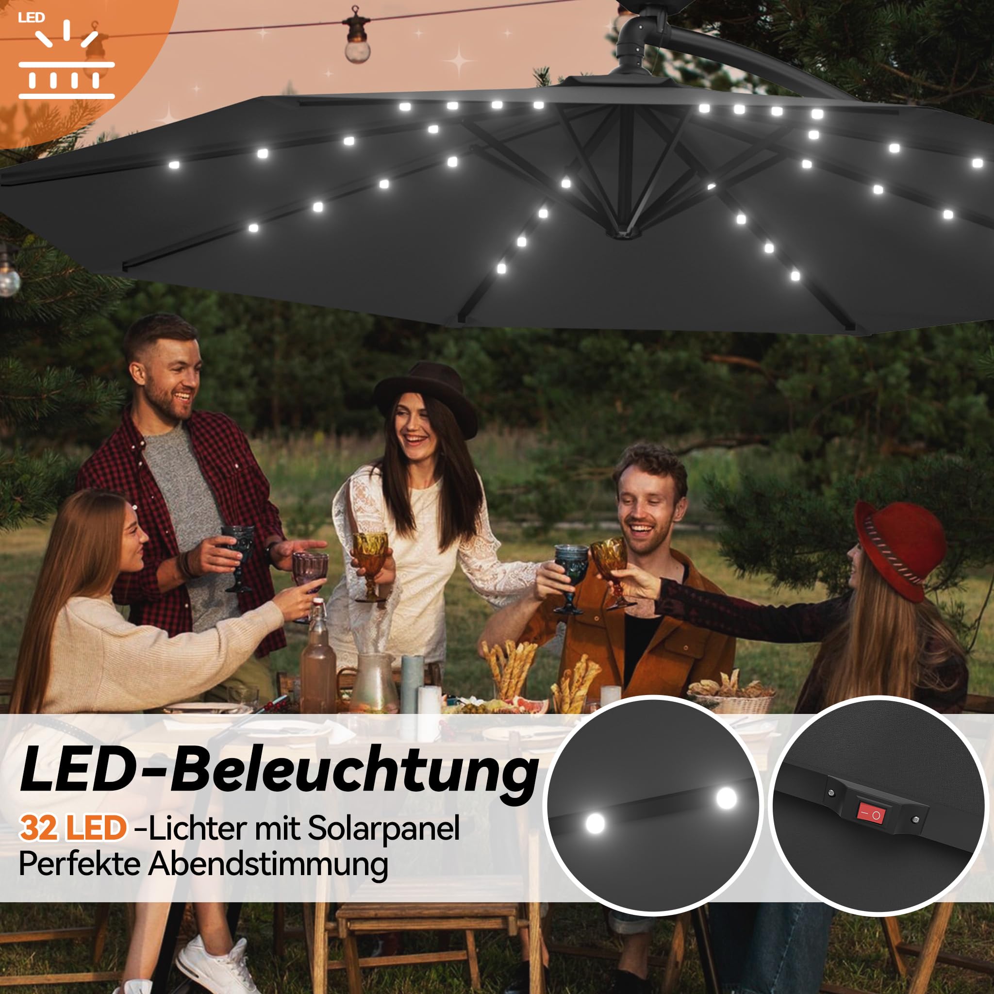 LZQ Aluminiowy parasol przeciwsłoneczny z mechanizmem korbowym, parasol ogrodowy, ochrona przed promieniowaniem UV 40+, na balkon, do ogrodu, na taras