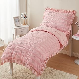 Toddler Bedding Set for Girls 4-Piece Pink Seersucker Toddler Comforter Set Ruffle Fringe Bed-in-a-Bag Quilt Toddler Bed Sheet Set for Kids with Comforter, Flat Sheet, Fitted Sheet, Pillowcase