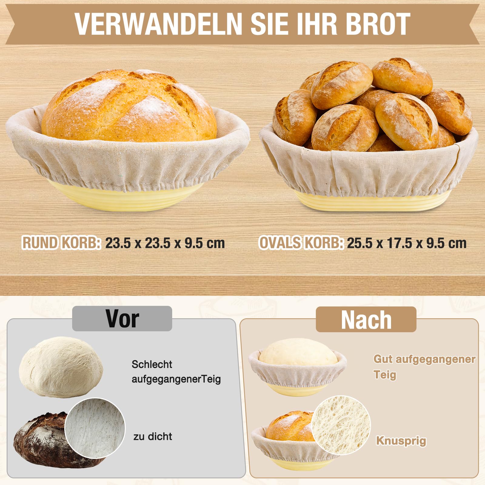 Sauerteig Starter Set,13-teilig Brotgärkorb -Set- aus Silikon，Komplettset Brot Backen Zubehör, Geschenk für Anfänger und Erfahrener Bäcker(23cm rund & 25cm oval)