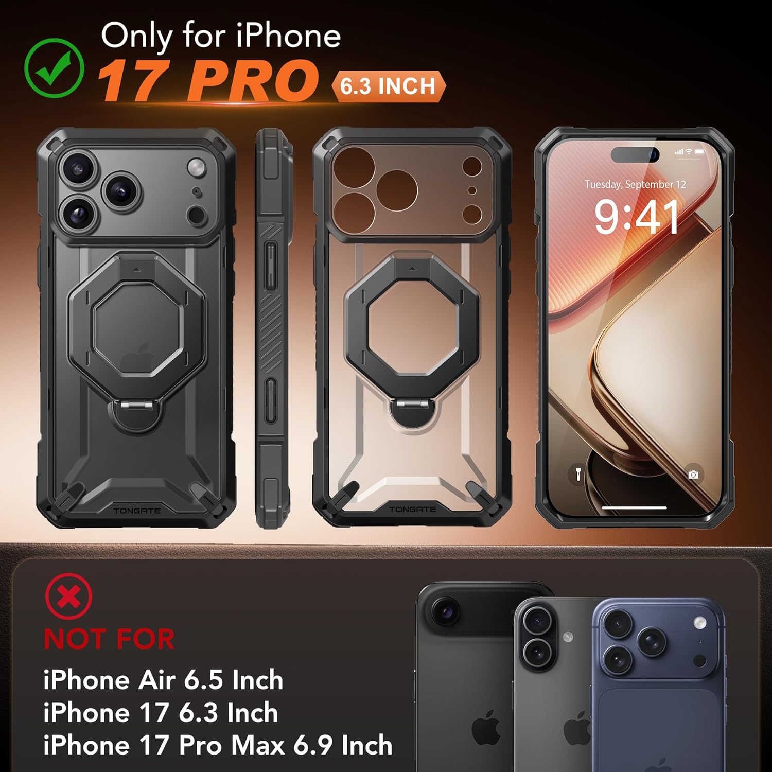 TONGATE for iPhone 17 Pro Case with 360° Spin Magnetic Stand, [Compatible with MagSafe][Military-Grade Protection] with Privacy Screen Protector & Camera Control Cover for iPhone 17 Pro, Black - Image 2