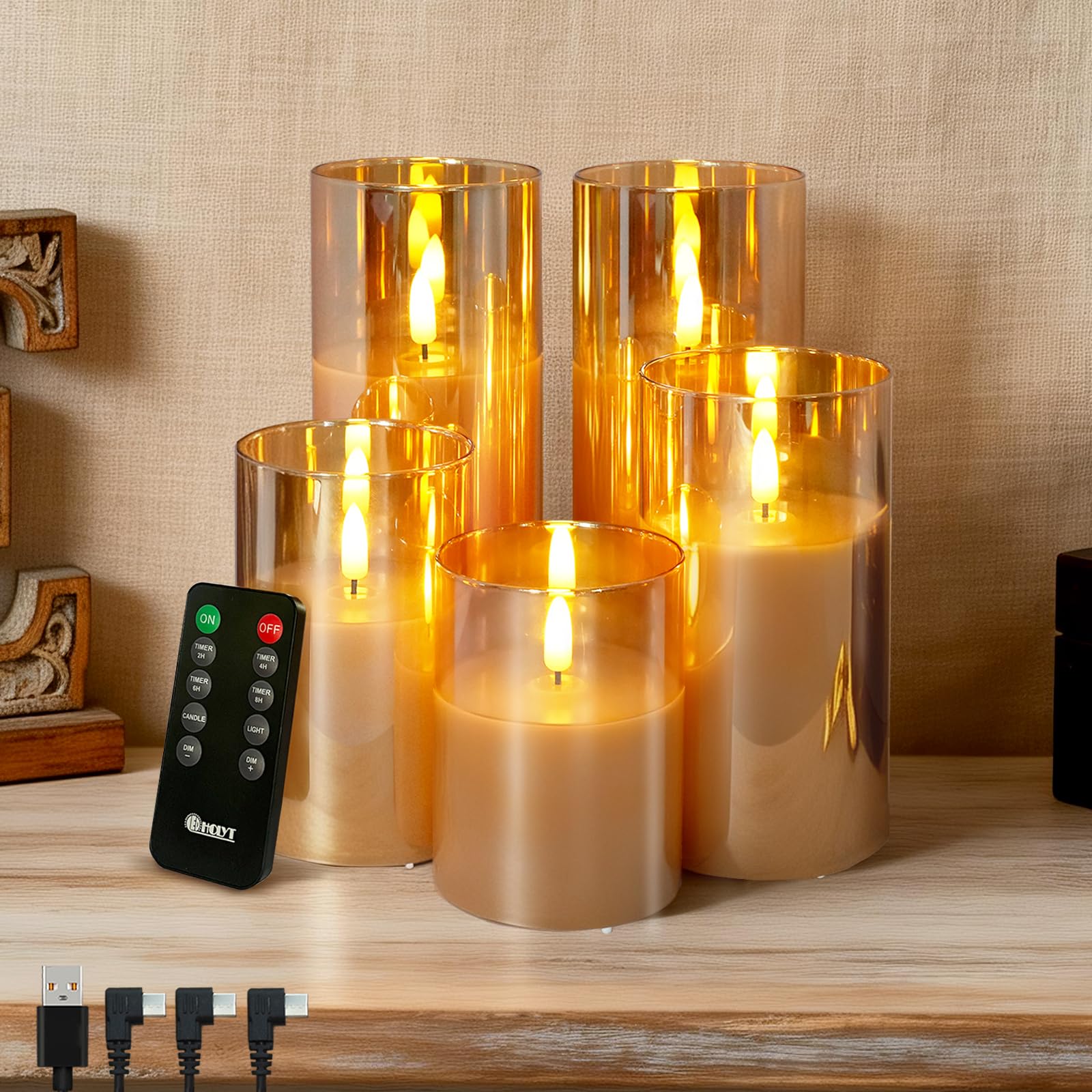 LEDHOLYT Rechargeable Flameless Candles, Realistic Flickering LED Flameless Candles Real Wax Candle with Remote Control and Timer, Gold Glass