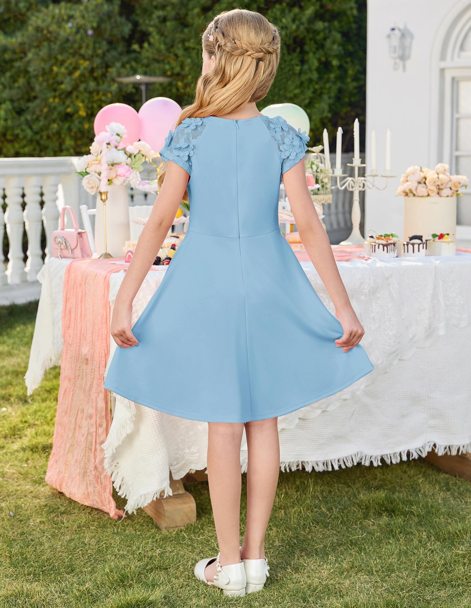 GRACE KARIN Mädchen Midikleid Sommer Einfarbig Rundhals Festliches Kleid Mit Blumen