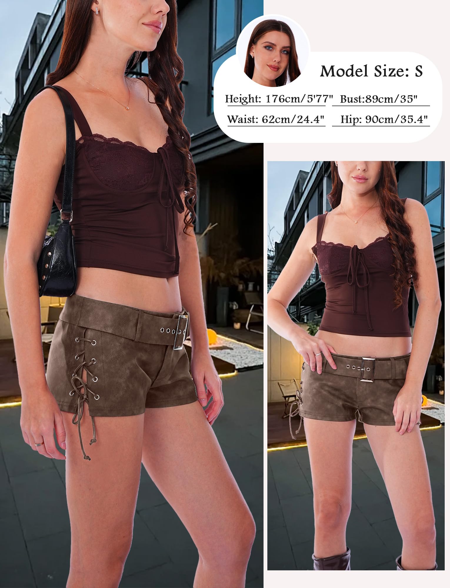 Damen Shorts PU Leder mit Schnüre Hose Kurz Party Karneval Outfit Sexy Outfit Rave Hotpants Elegant S-XL