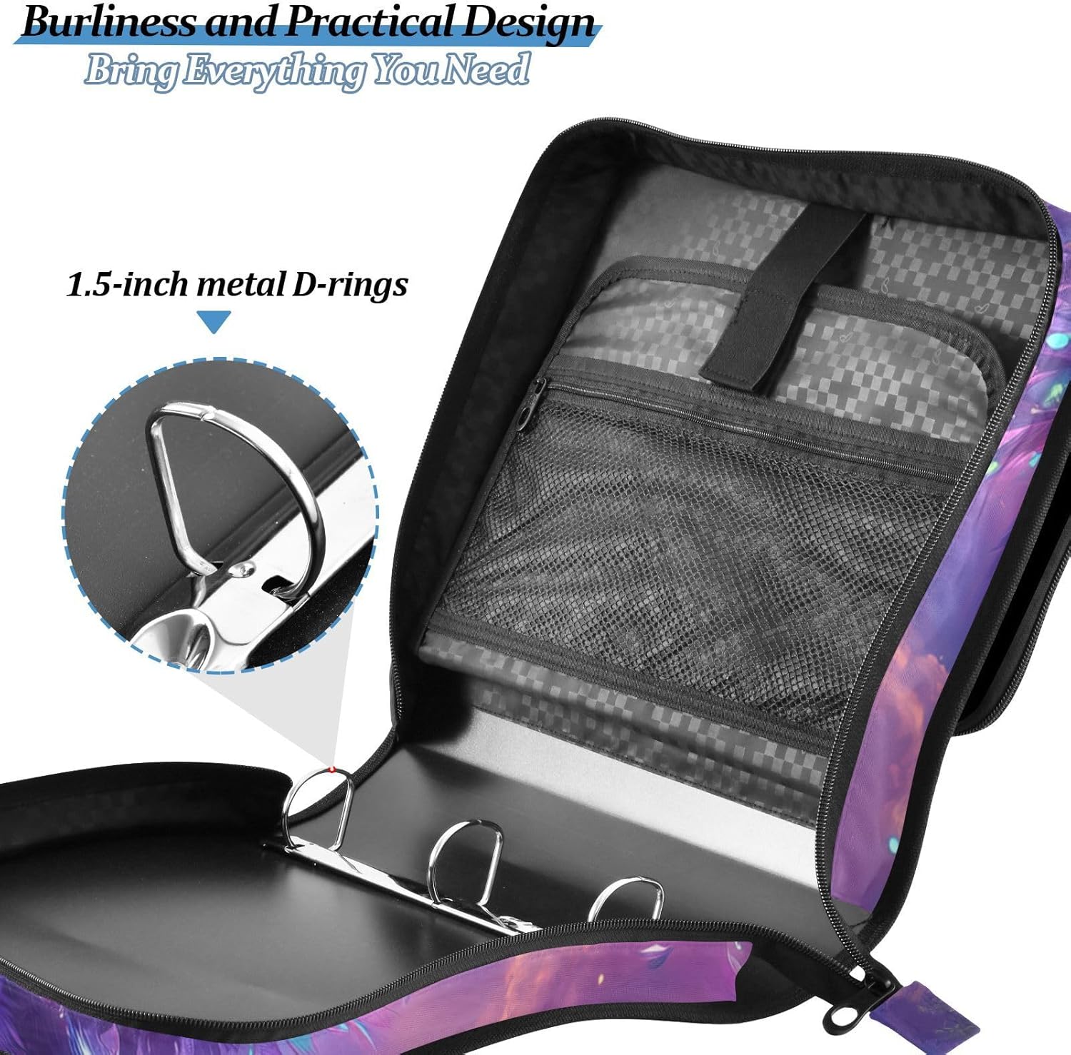 Colorful Phoenix Fly Purple Moon 3 Ring Zipper Binder with Shoulder Strap for School Office Organizer Storage
