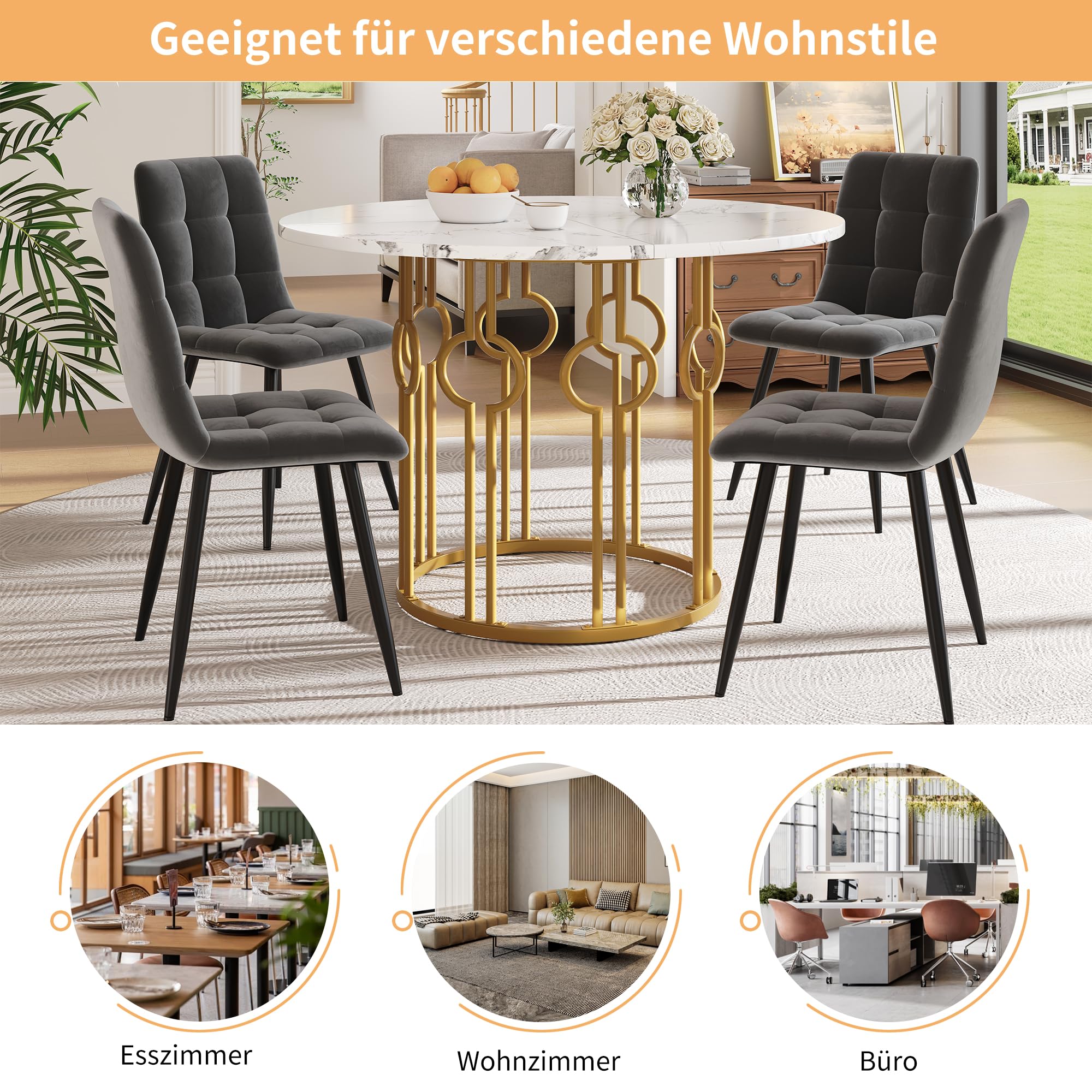 Merax Esstisch Runder 100cm, Moderner Küchentisch für 4-6 Personen, Esszimmertisch für Küchen, Wohnzimmer, Esszimmer, Büro, Künstlerisch geformte goldene Metallbeine, marmorierte MDF-Tischplatte