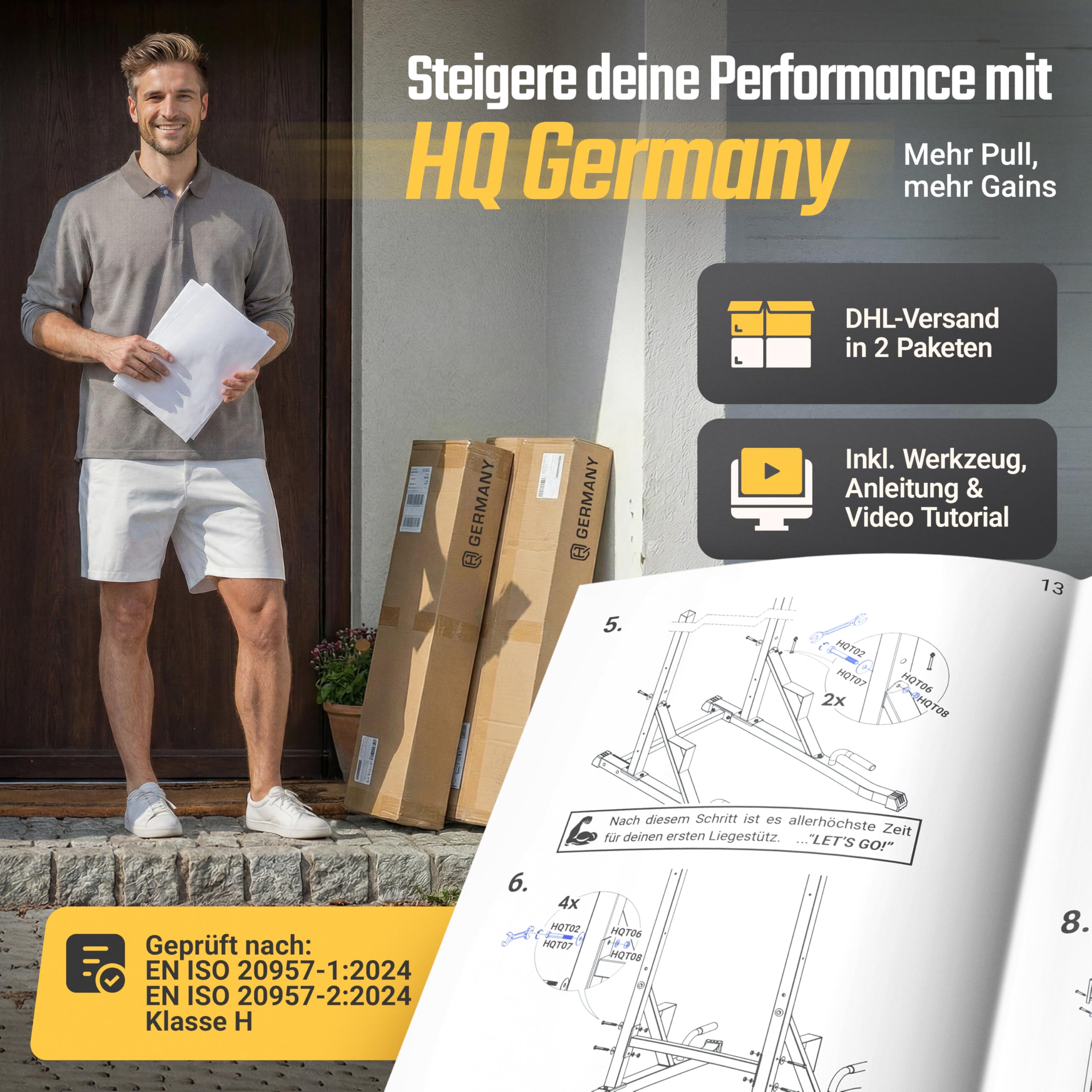 HQ Germany® Power Tower [2026 Upgrade] - Klimmzugstange freistehend mit Klimmzug Dip Station, Klimmzugturm, Klimmzugstation, Pull Up Station, Calisthenics Equipment, Fitnessgeräte für Zuhause