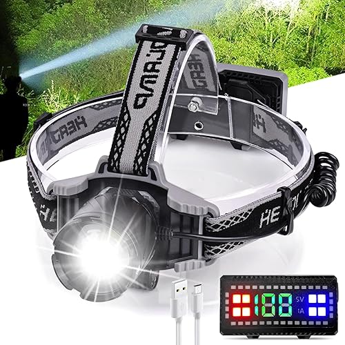 Linterna frontal recargable Pro 30W LED súper brillante 4 modos zoom y pantalla digital para adultos con luz roja para senderismo campamento caza