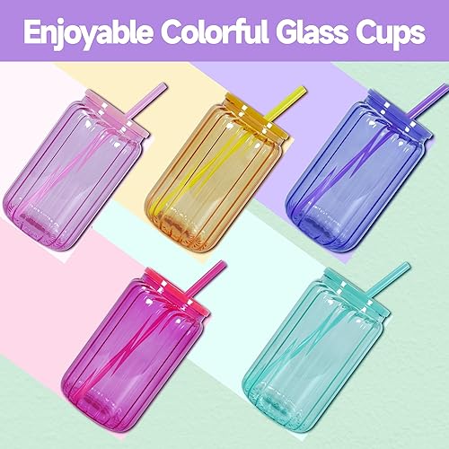 Miniatura 2 de Paquete de 10 vasos de vidrio de sublimación con tapas acrílicas y pajitas de 16 onzas, vasos de vidrio de sublimación de color de borosilicato,