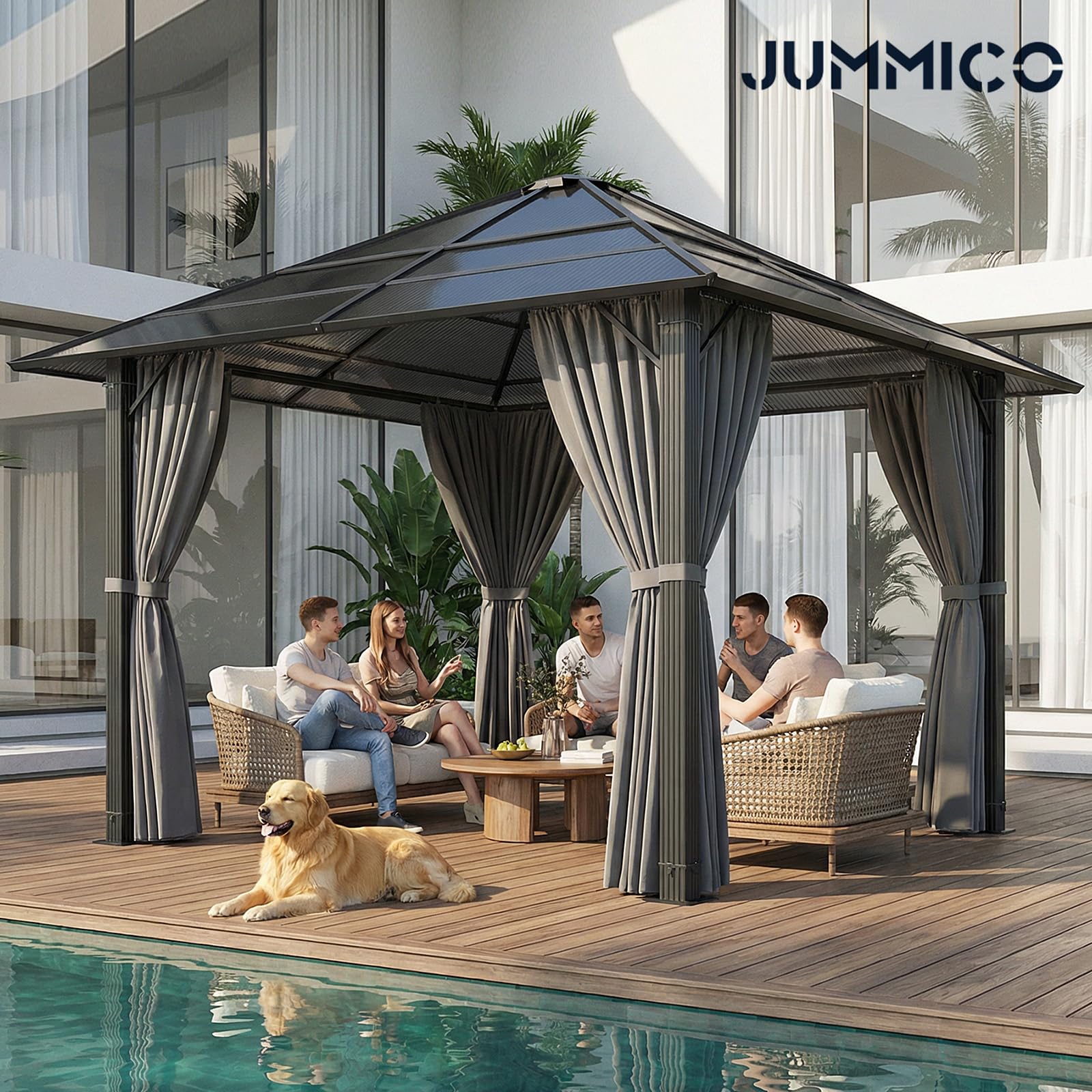 JUMMICO Padiglione da Giardino 3x3m in Alluminio con Tetto Fisso - Design per Ombreggiatura di Giorno e Atmosfera Luminosa di Sera - Stabile e Resistente alle Intemperie
