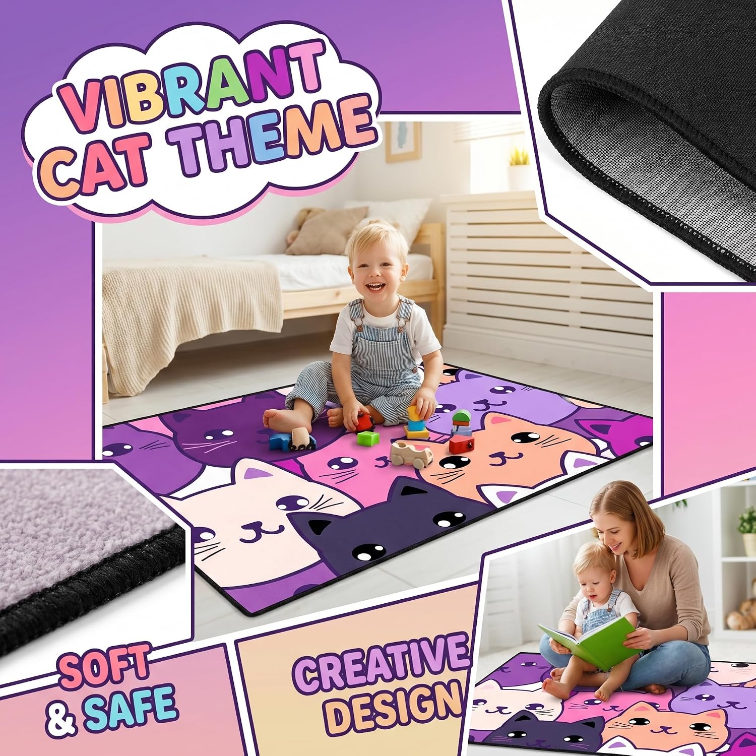 Cartoon Cat Rug for Girls Bedroom Purple Cat Rugs Room Decor for Boys Girls Lovely Animal Print Carpet for Bedroom Living Room Welcome Mat, 2.5x4 Feet