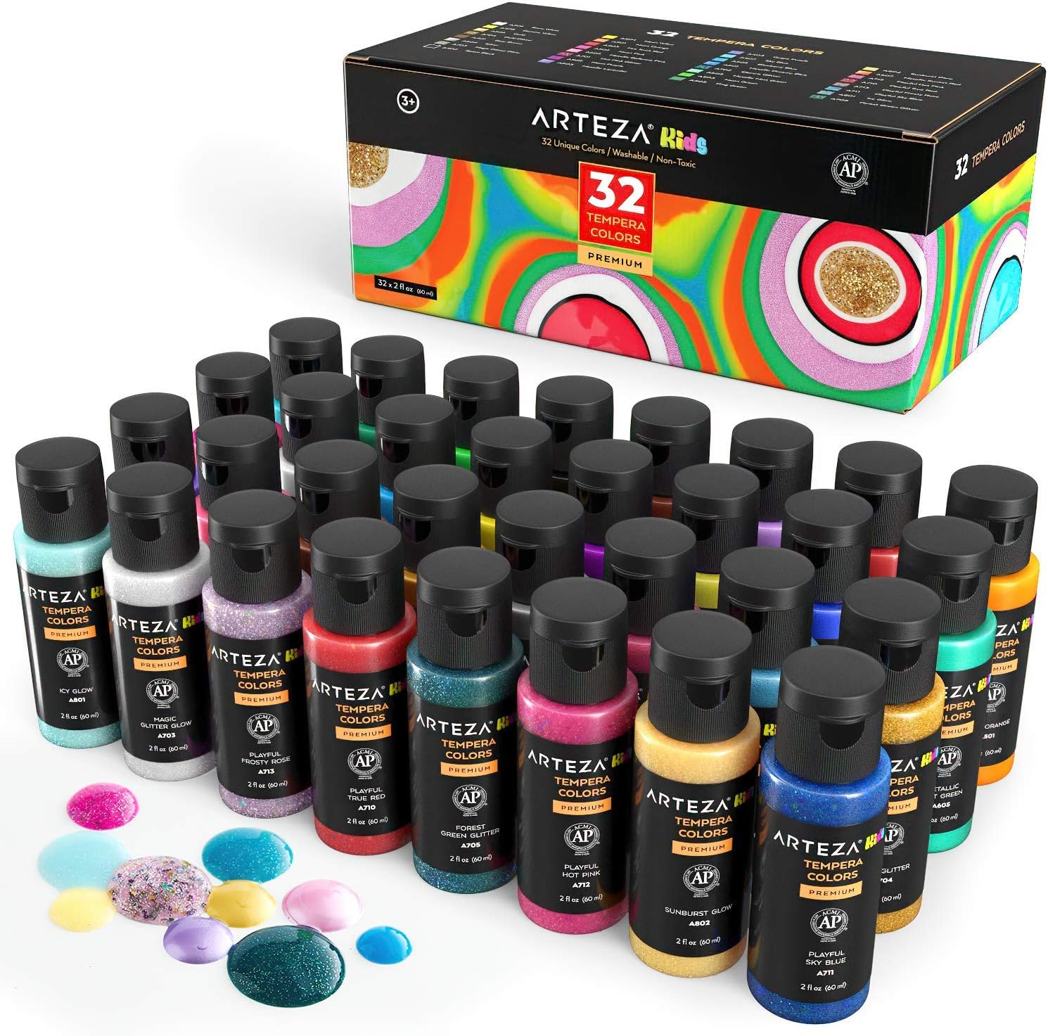 Arteza Tempera Washable Paint for Kids, Set of 32, 2.03oz/60ml Bottles, Poster Paint for Craft Projects, Sponge Painting & Finger Painting, Includes Neon, Glitter & Glow-in-The-Dark: Home Improvement