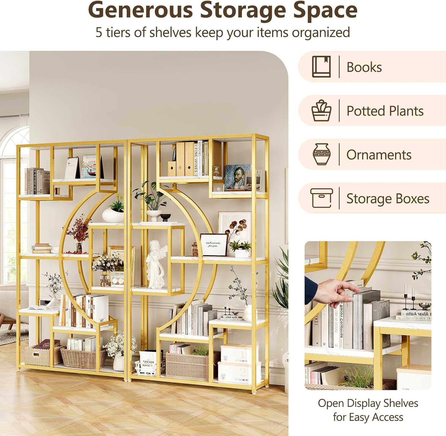 LGHM 79" W Luxury Marble-Patterned White Gold Bookshelf, Modern Geometric Half-Moon Style, Flexible Modular Open Storage Unit for Living Room, Home, Office