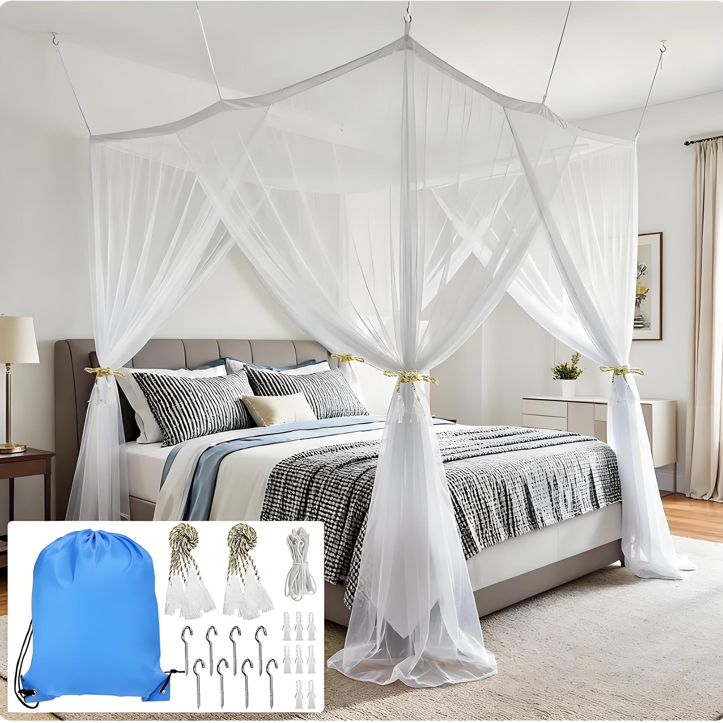 OLRWSLG Mosquito Net for Single and Double Beds 190×210×240cm 4 Corner Post Curtains Bed Canopy Screen Netting Canopy Curtains Insect Protection with 4 Openings Hanging Kit & Carry Bag for Bedroom