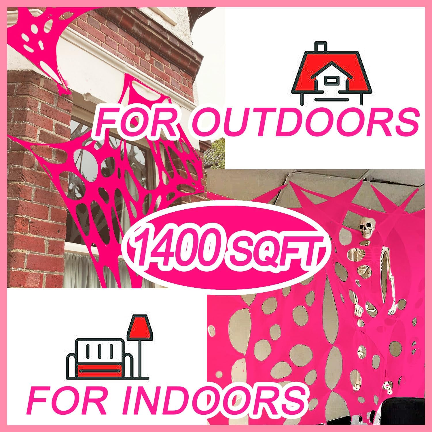 1400 Sqft Glow Pink Giant Durable Spider Webs Halloween Decorations Outdoor, Stretchy Pink Beef Netting for Halloween Party, Halloween Decorations Outdoor Party(48FT x 4FT)