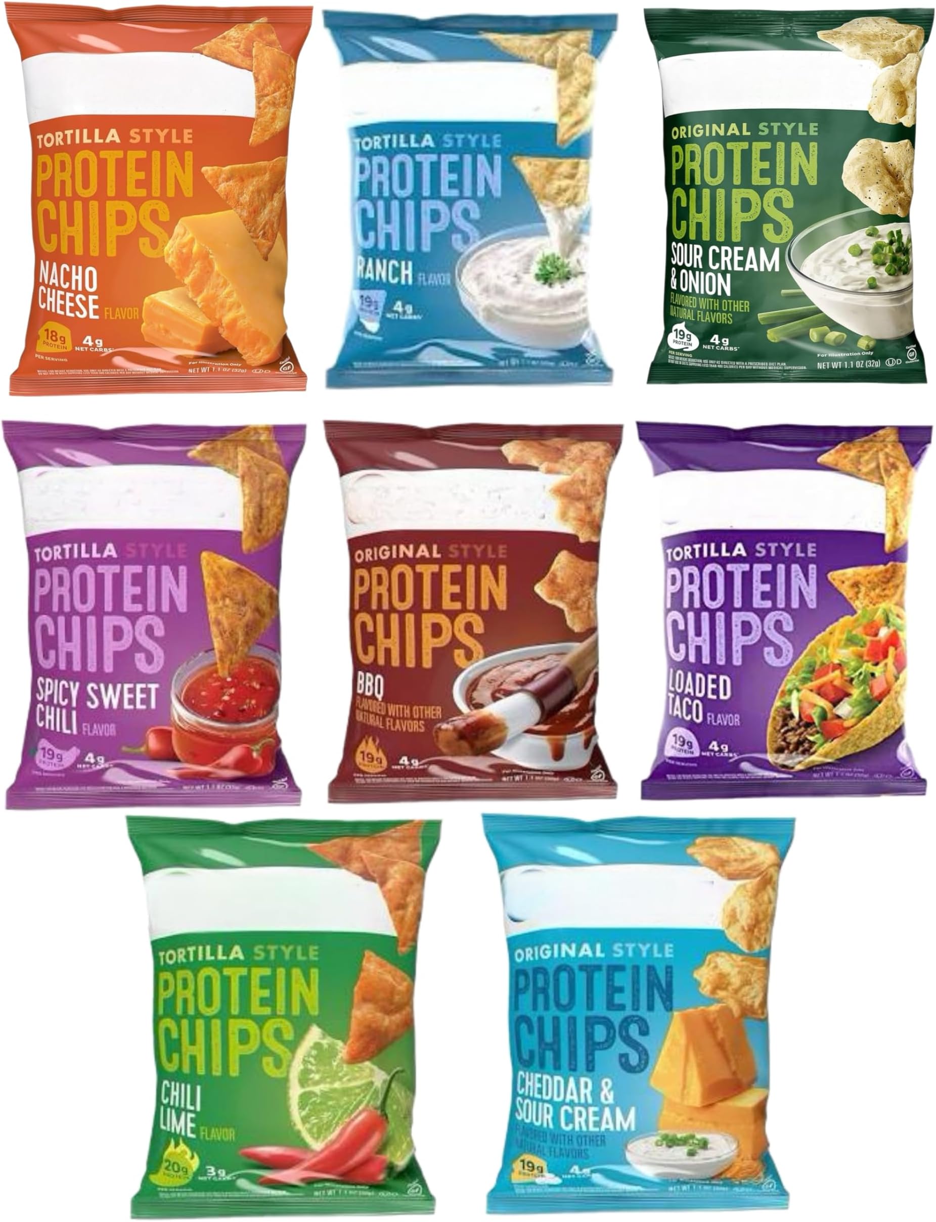 FermeAssortment | Quest Tortilla Style Protein Chips - 8 Flavors - Cheddar & Sour Cream, Spicy Sweet Chili, Ranch, Loaded Taco, Chili Lime, Bbq, Sour Cream And Onion And Nacho Cheese | 8 Pack
