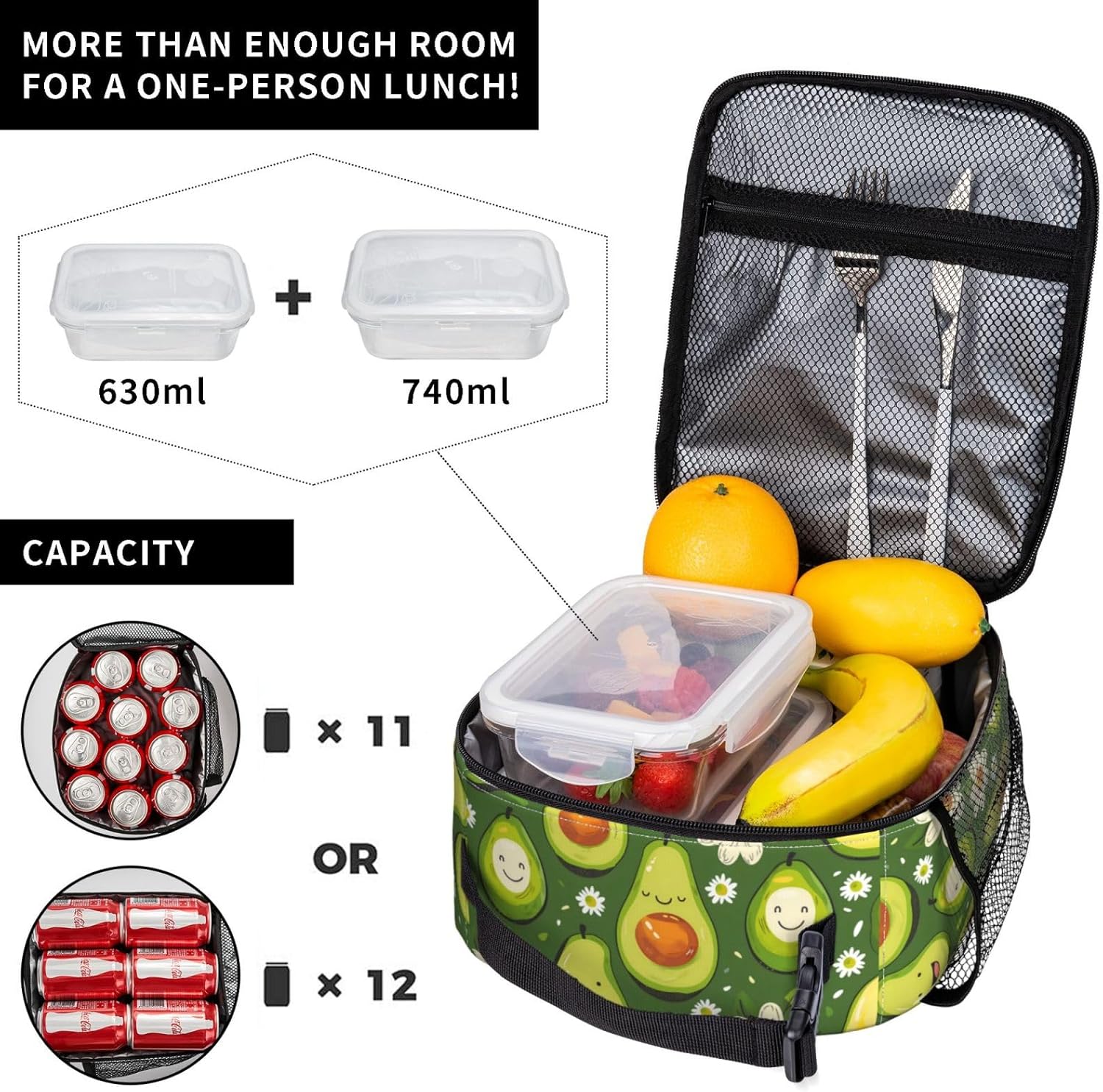 Insulated Lunch Box for Women Men, Avocado Theme Lunch Box Reusable Portable Lunch Bag Cooler Tote Waterproof Lunch Container for Office Picnic Work Travel - Image 4