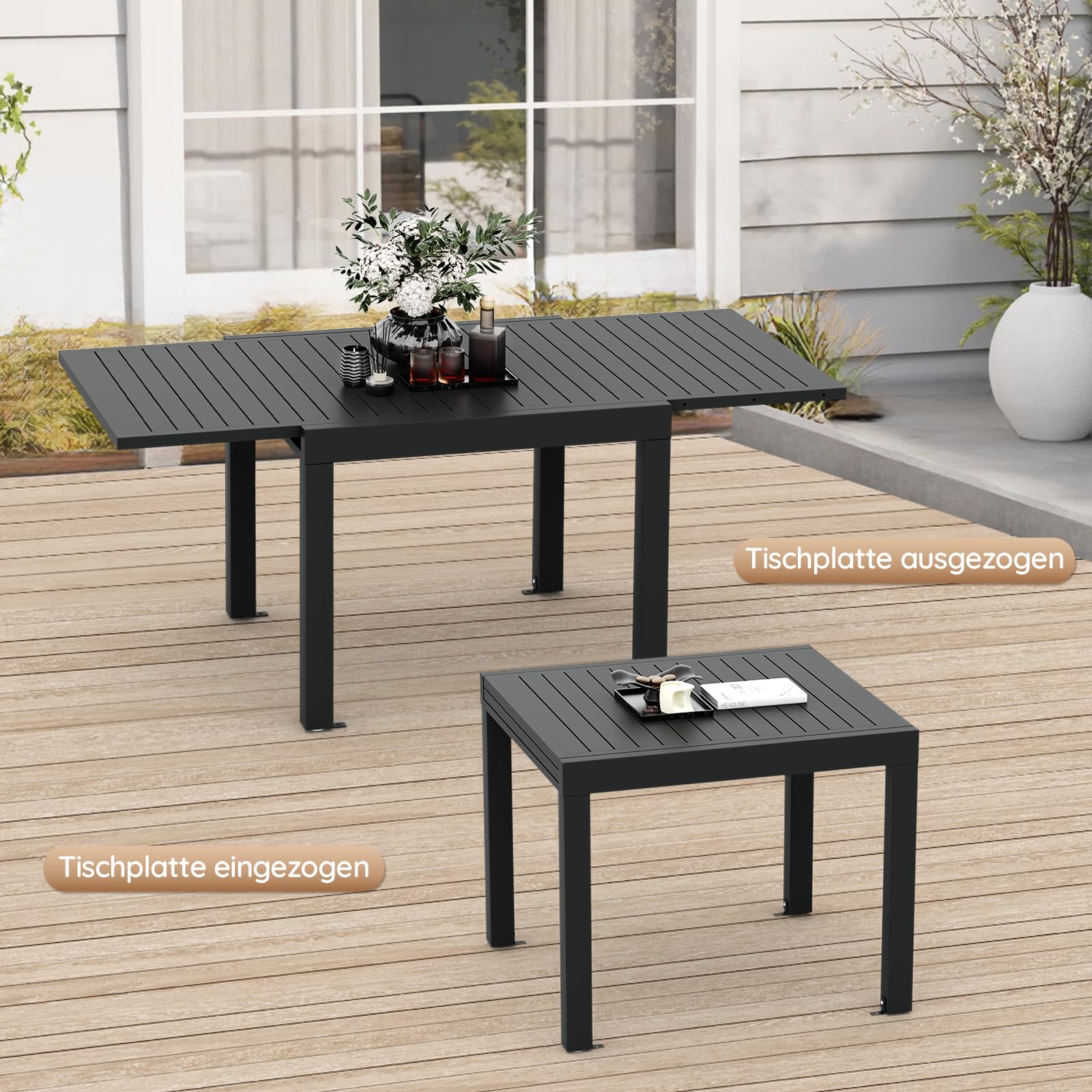 Devoko Esstisch Ausziehbar，80/160 x 75cm Gartentisch Ausziehbars, Aluminium Balkon Ausziehtisc, Gartentisch Wetterfest,ausziehbar auf 160cm, Outdoor Esstisch, Dunkelgrau