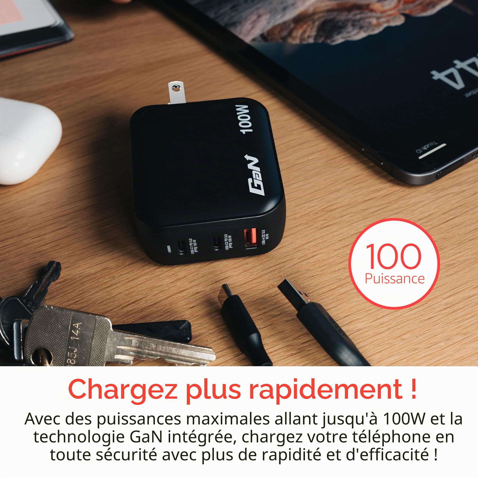 Verbatim Mini GaN Chargeur de 100W, Chargeur USB-C à 3 Ports, Adaptateur Secteur avec 2 x USB-C et 1 x USB-A, Chargeur Rapide Universel (UE, UK, US), pour Ordinateur Portable, Tablette, Smartphone
