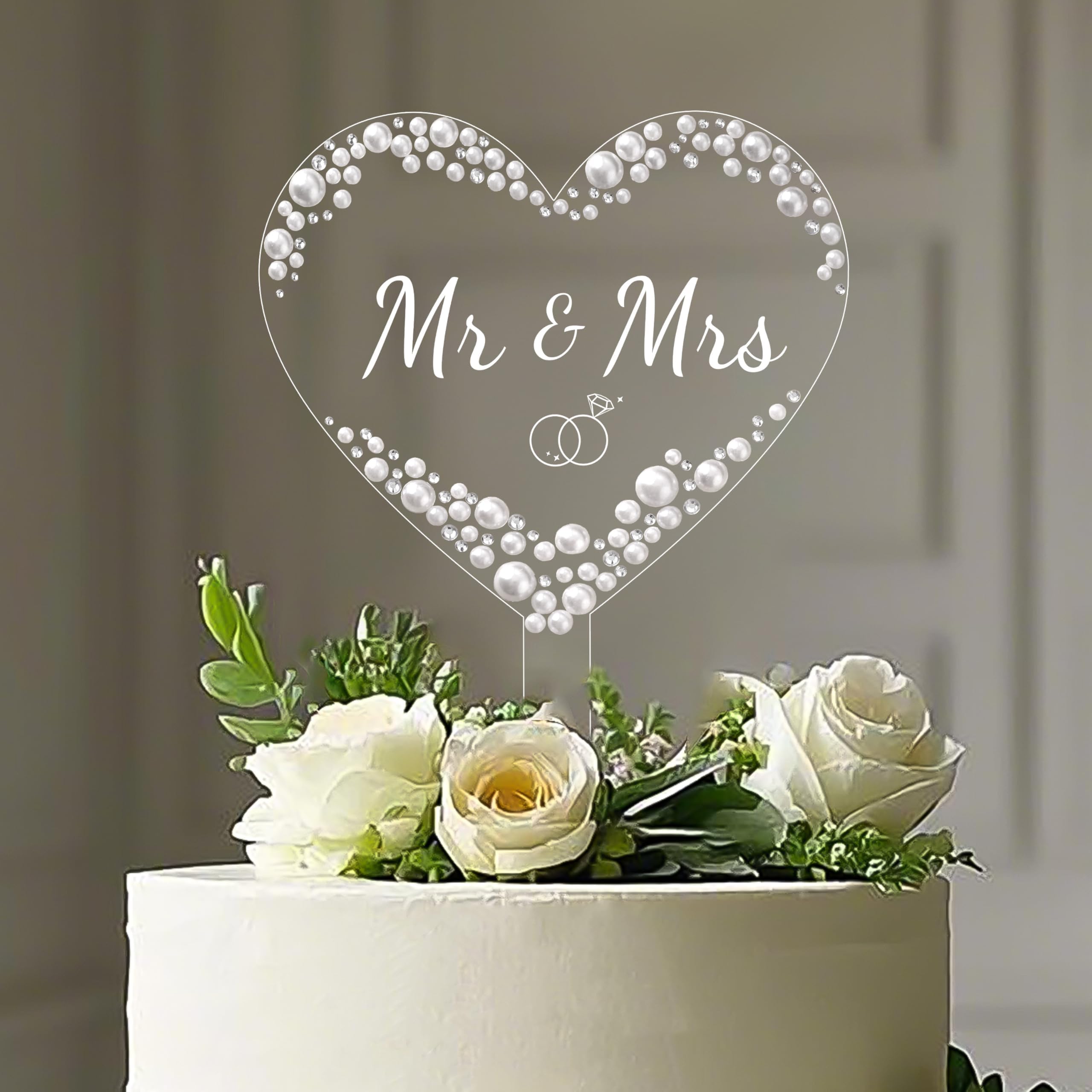 Litvana Mr and Mrs Cake Topper - Wedding Cake Decor with Pearls and Rhinestones for Engagement Bridal Anniversary Heart-shaped