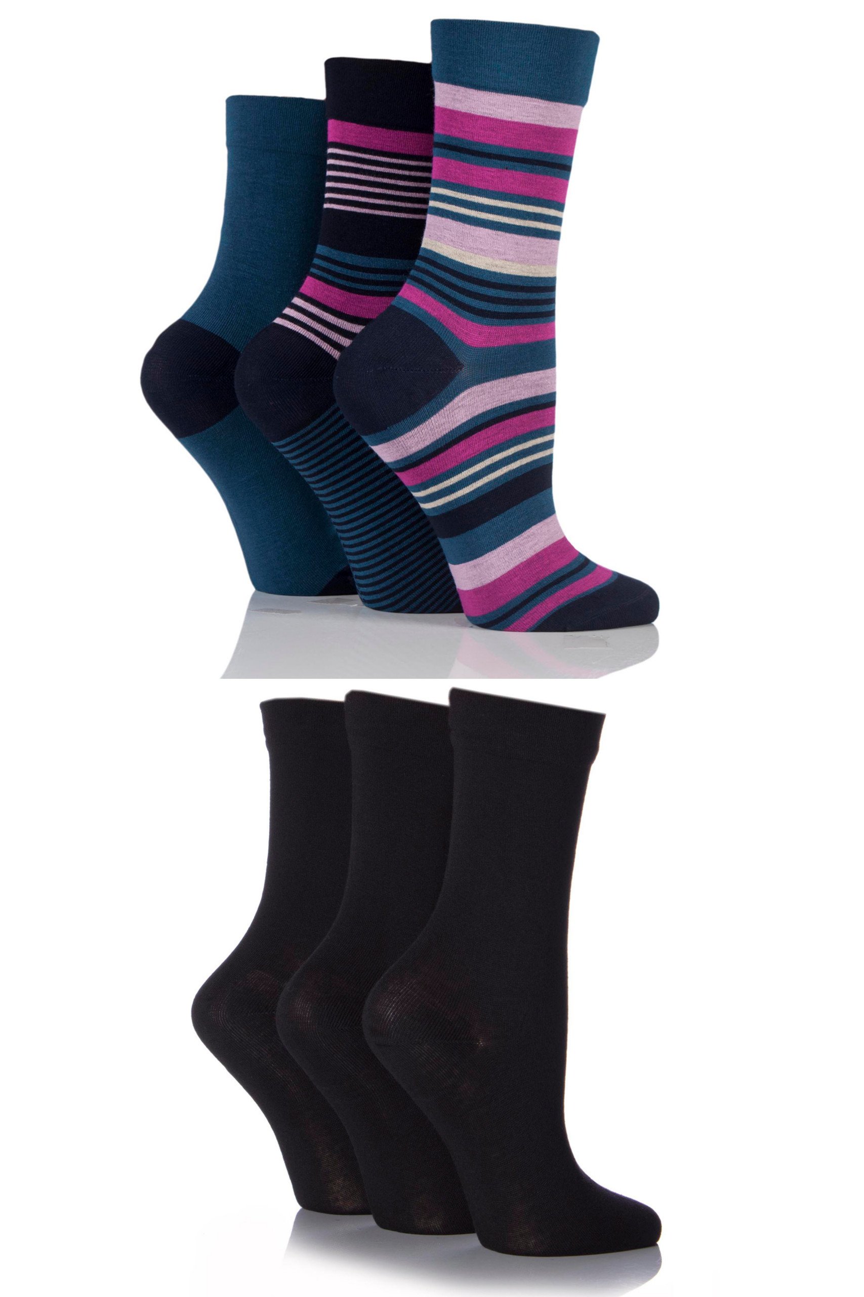 Sockshop Women's Black/Damson 6 Pair Socks - Soft, Breathable & Cooling Bamboo Socks With A Gentle Comfort Cuff In Plains And Stripes, Bright And Colourful Multipack 4-8