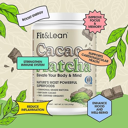 Miniatura 6 de Fit & Lean Cacao Matcha té verde en polvo, orgánico, grado ceremonial japonés, superalimento, antioxidantes, energía, estado de ánimo, 3.70 oz, 30
