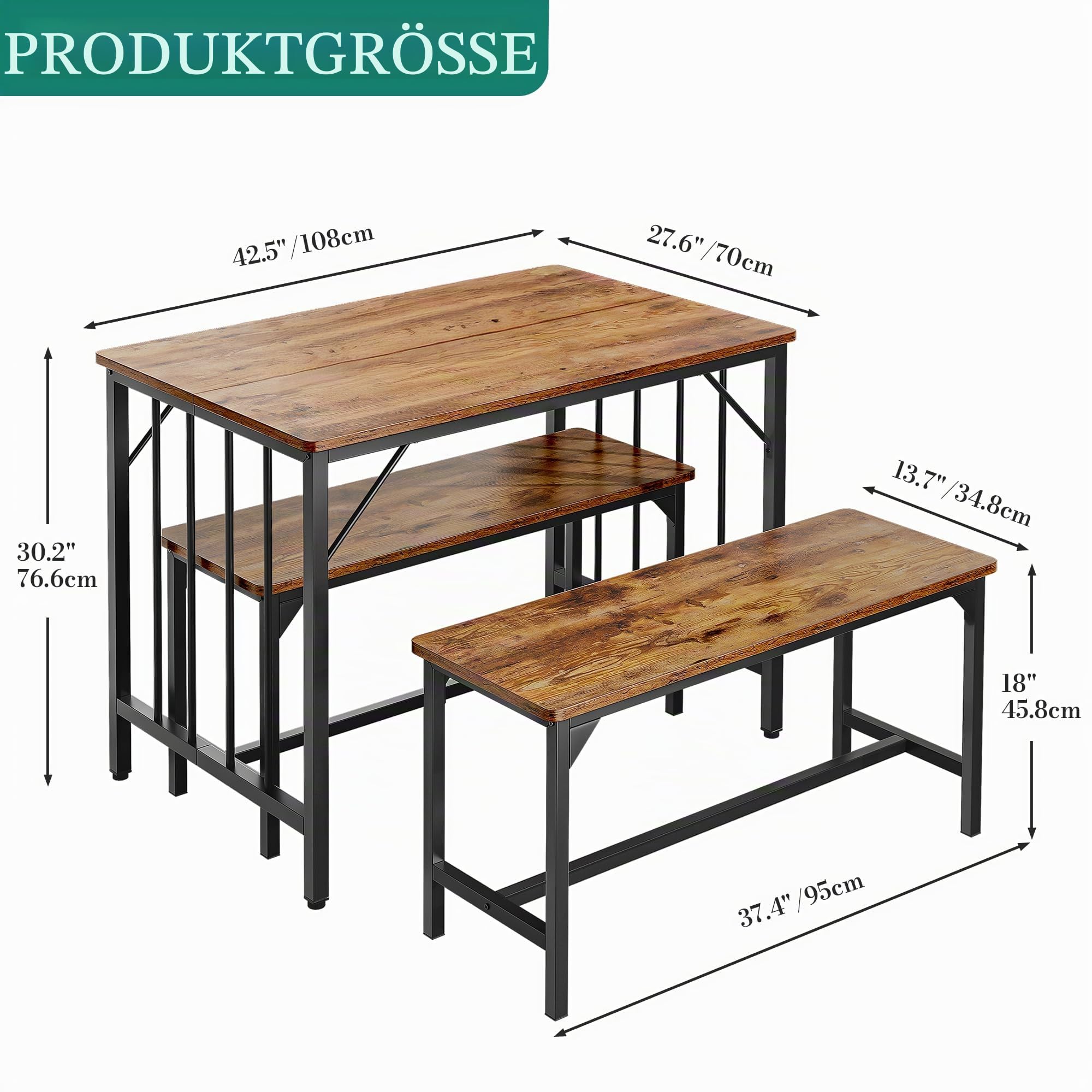YITAHOME Esstisch und 2 Stühle Set, 3-teiliges Esszimmer-Set mit Bank, platzsparendes Frühstück Esstisch-Set, Esszimmermöbel für Küche, Wohnung, Rustikales Braun