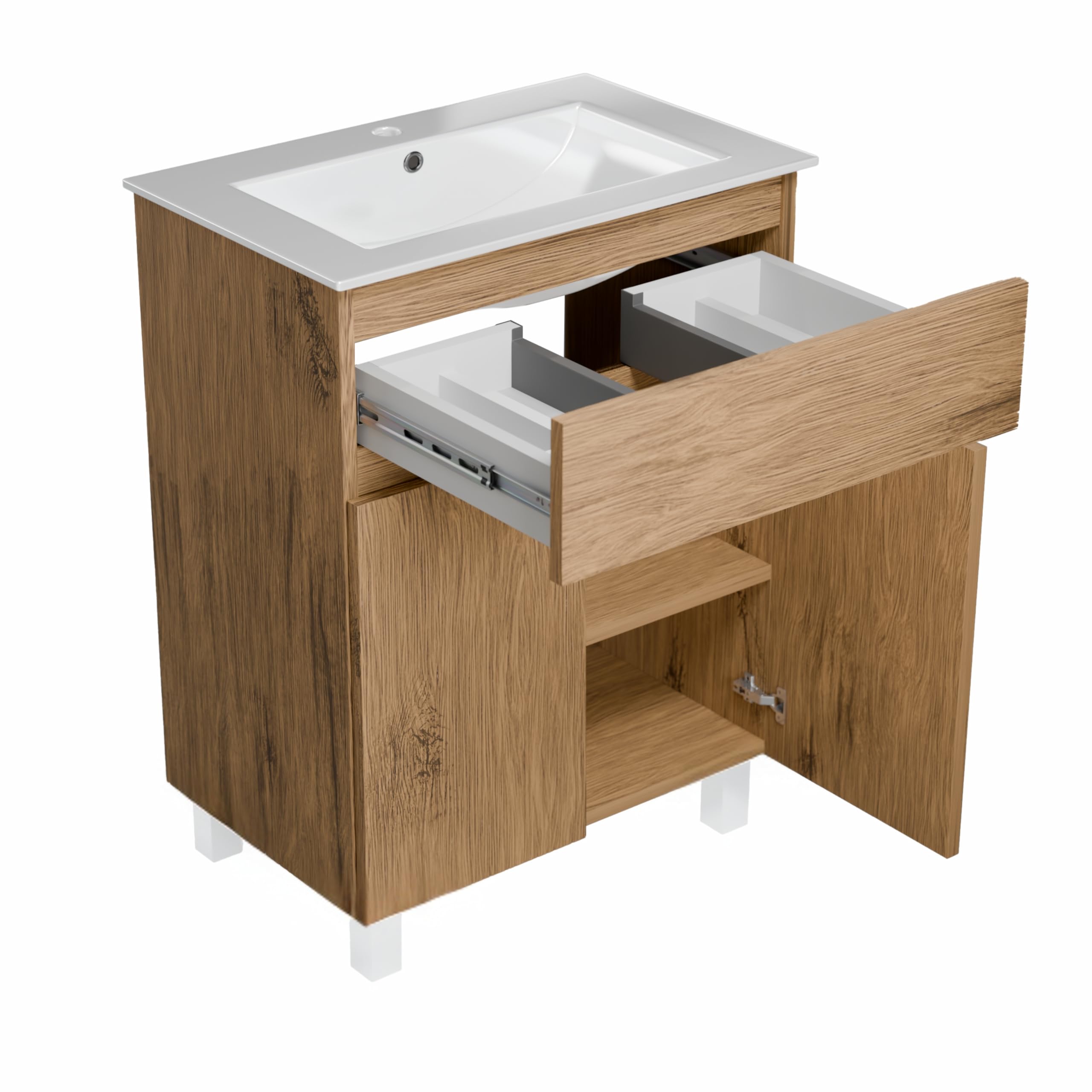 Meuble Salle de Bain 60 cm avec Vasque Ariza Sink | Meuble sous lavabo avec 1 tiroir et 2 Portes | Suspendu ou Debout | Bois Chêne