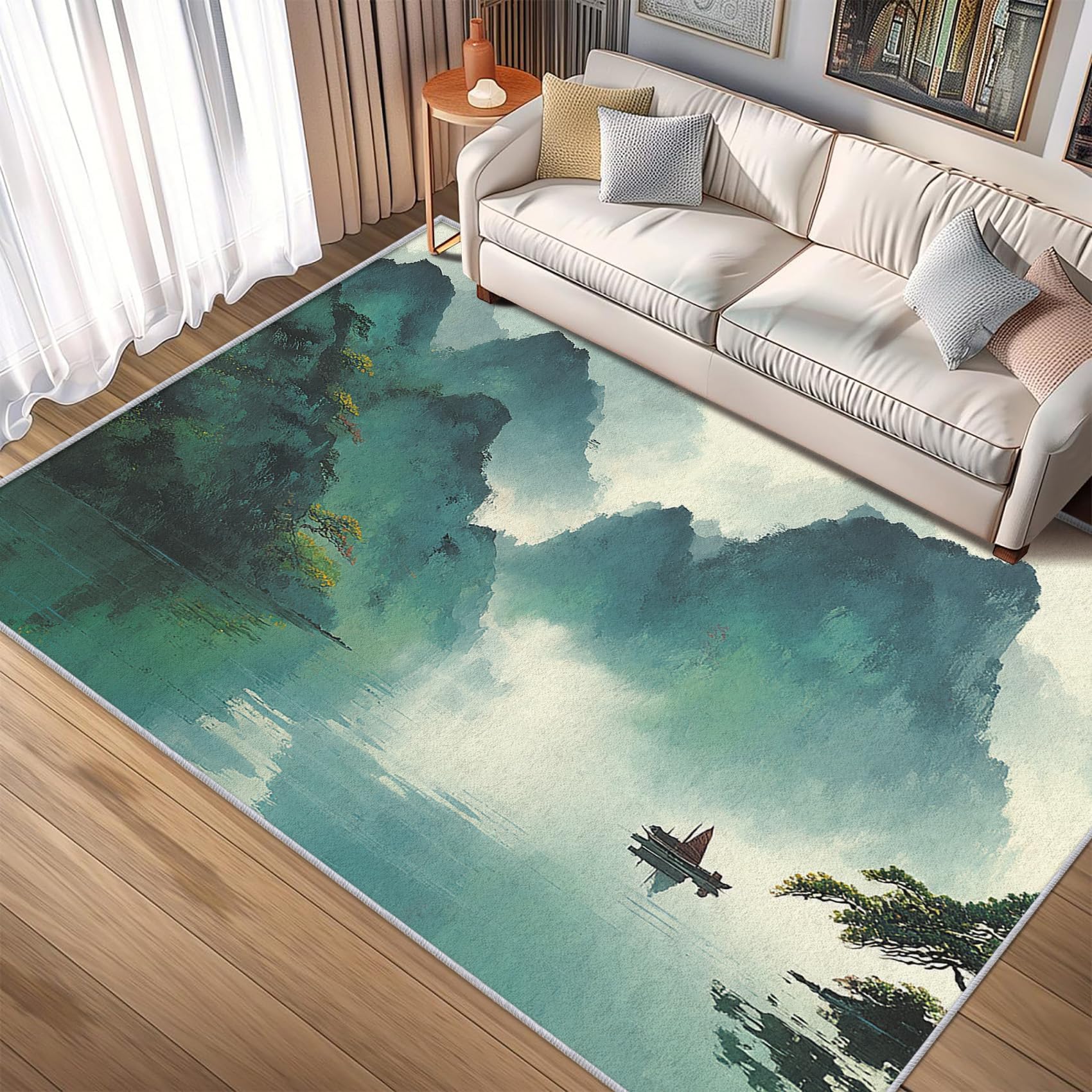 Tapis vert motif paysage chinois 160x250 cm pour créer un salon zen et chaleureux