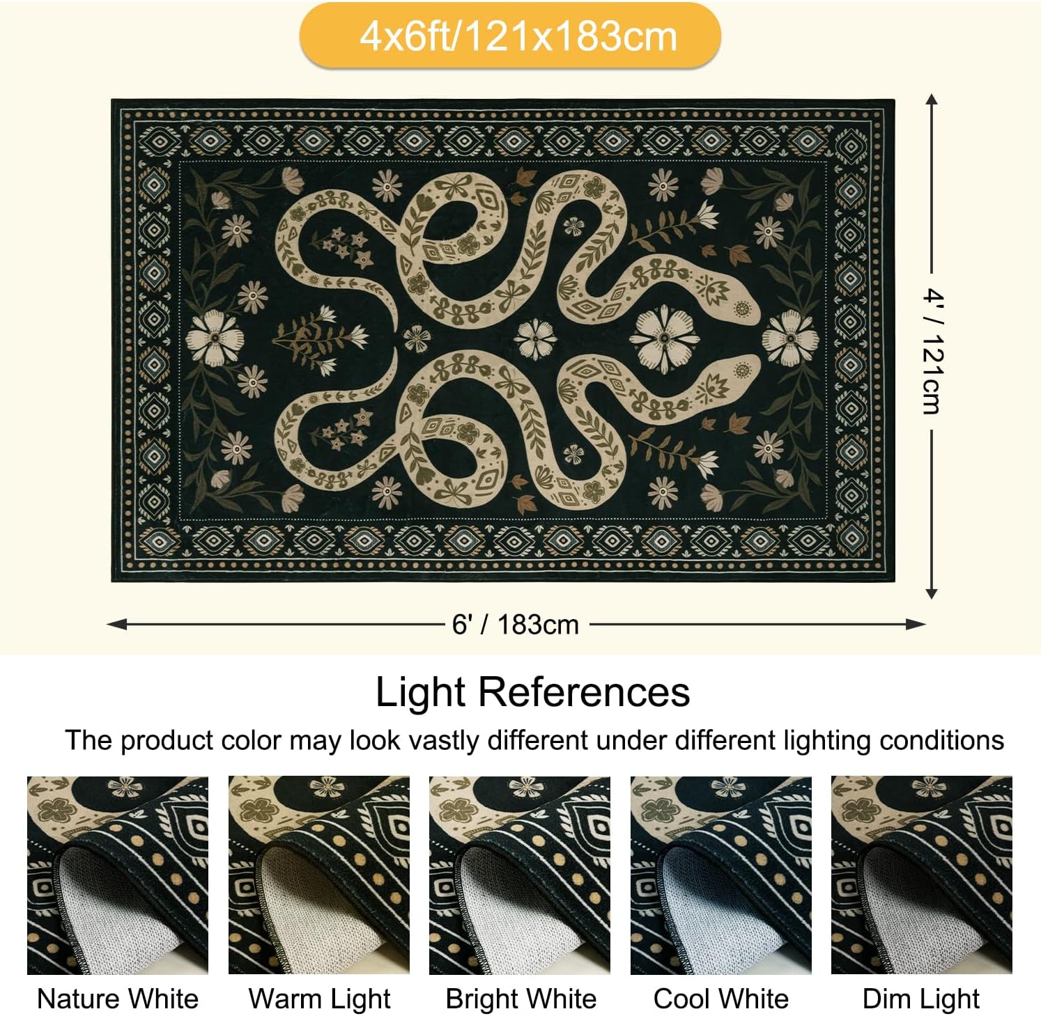 MOSISO 4x6 Area Rug for Living Room, Soft Non-Slip Twin Snakes and Flowers Low Pile Carpet, Faux Wool Rectangular Washable Floor Mat for Home Decor Bedside Bedroom Diningroom, Green