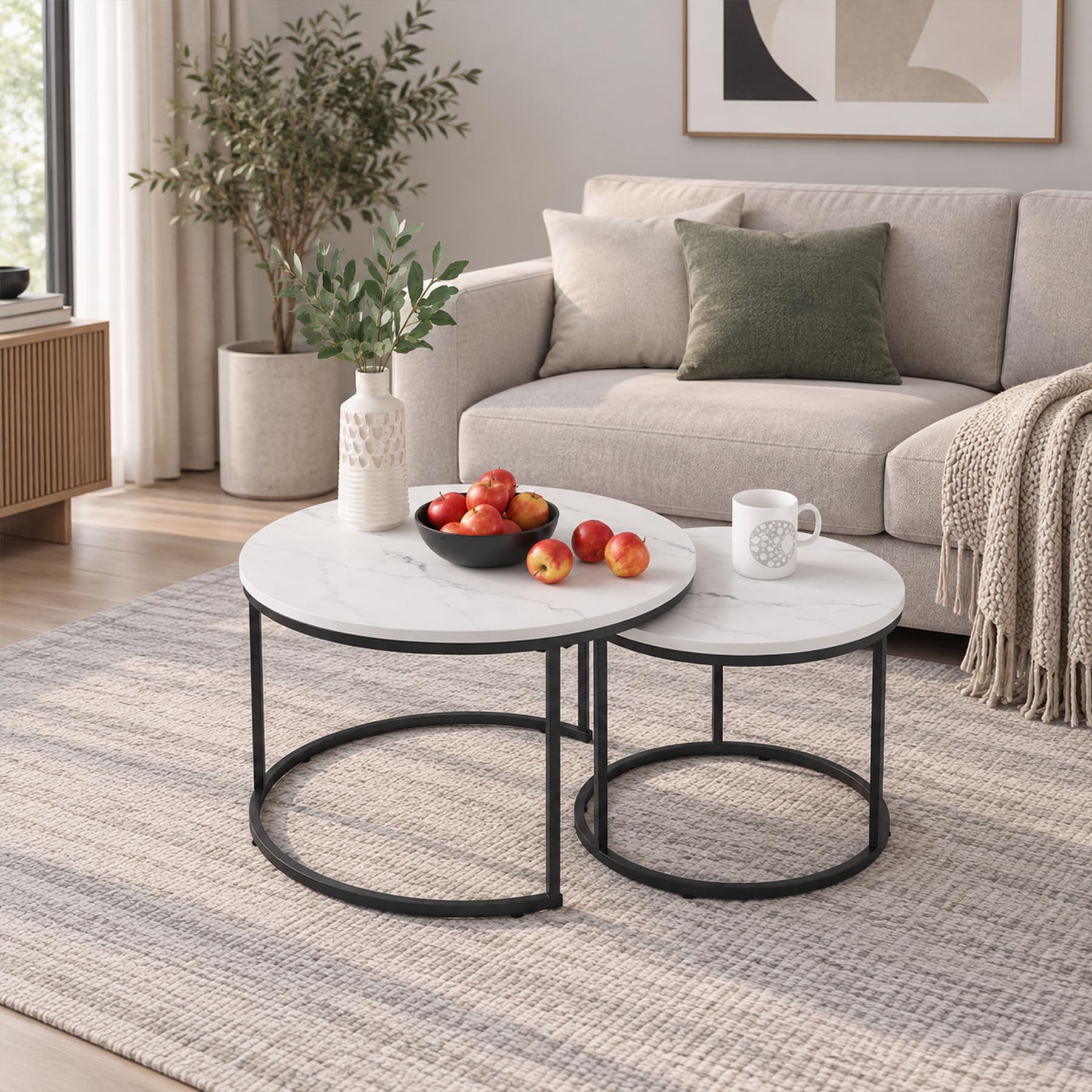 Nesting Coffee Table Set of 2, 27.6 inch Round Side Tables Coffee Table with Wood Marble Pattern Top Sturdy Metal Frame, End Table for Living Room Bedroom Balcony Yard (White)