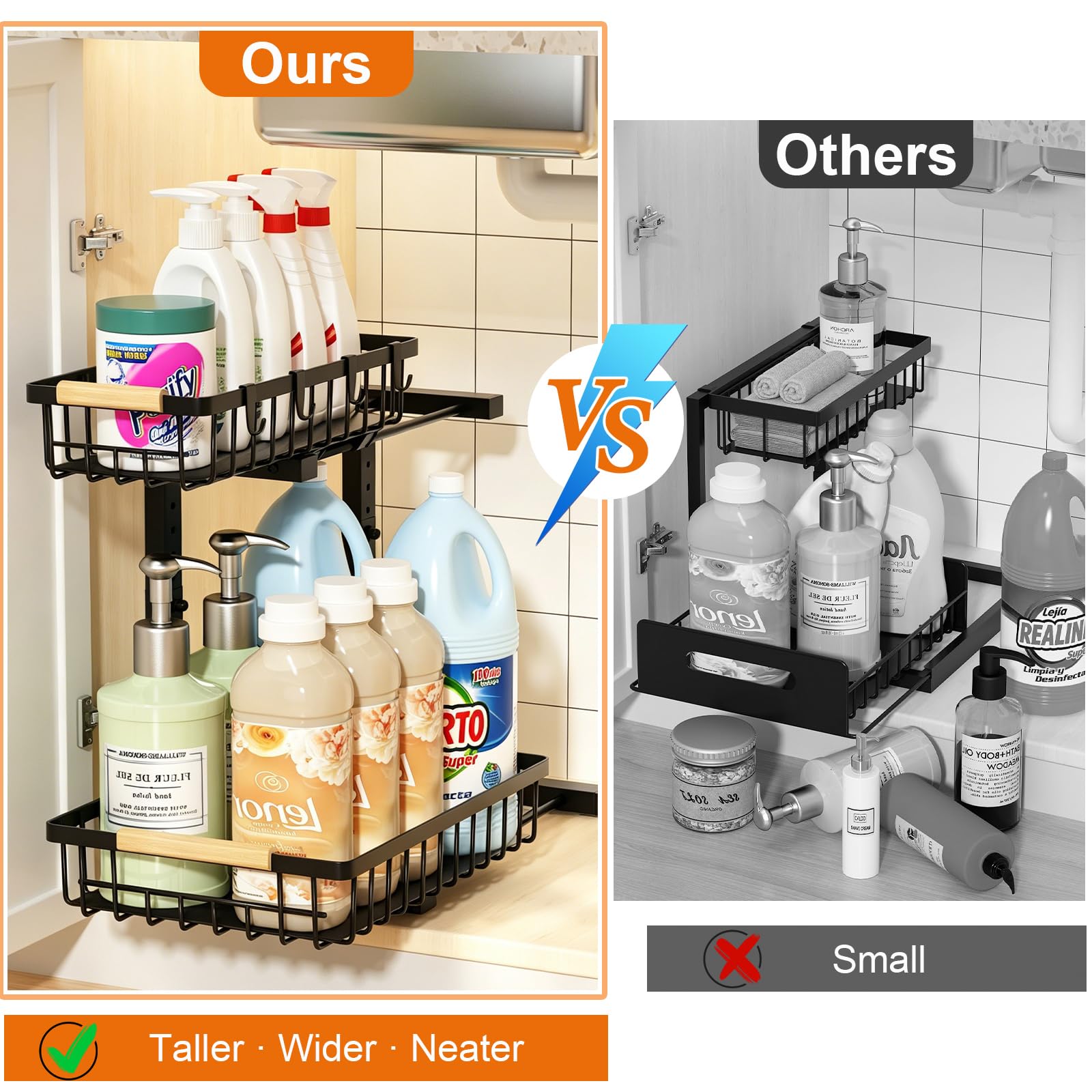 REALINN Organizador para debajo del fregadero, paquete de 2 organizadores y almacenamiento ajustables en altura para debajo del fregadero, organizador de gabinete extraíble de 2 niveles para cocina y