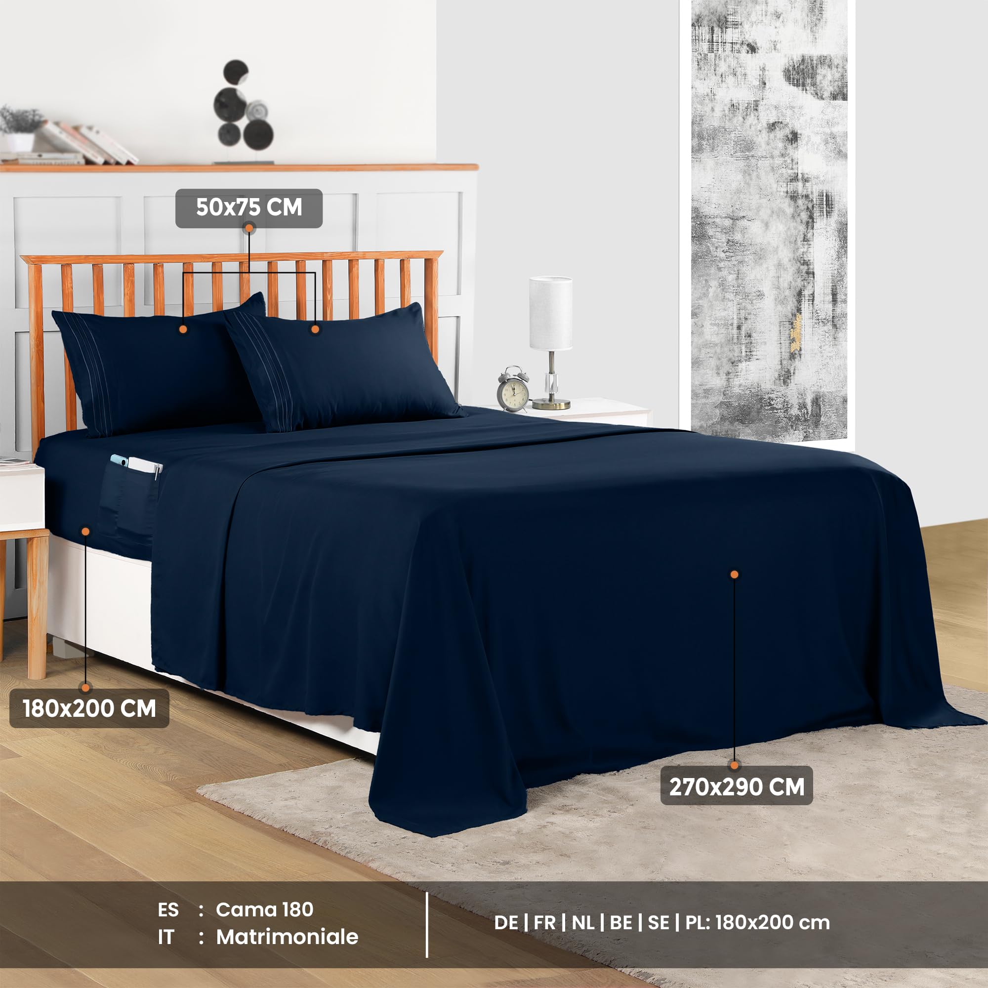 Utopia Bedding Set Lenzuola Ricamate Matrimoniali 4 Pezzi 180x200 cm - Microfibra di Poliestere - Lenzuolo con Angoli con Tasche Portaoggetti, Lenzuolo Piatto e 2 Federe Ricamate, Blu Navy