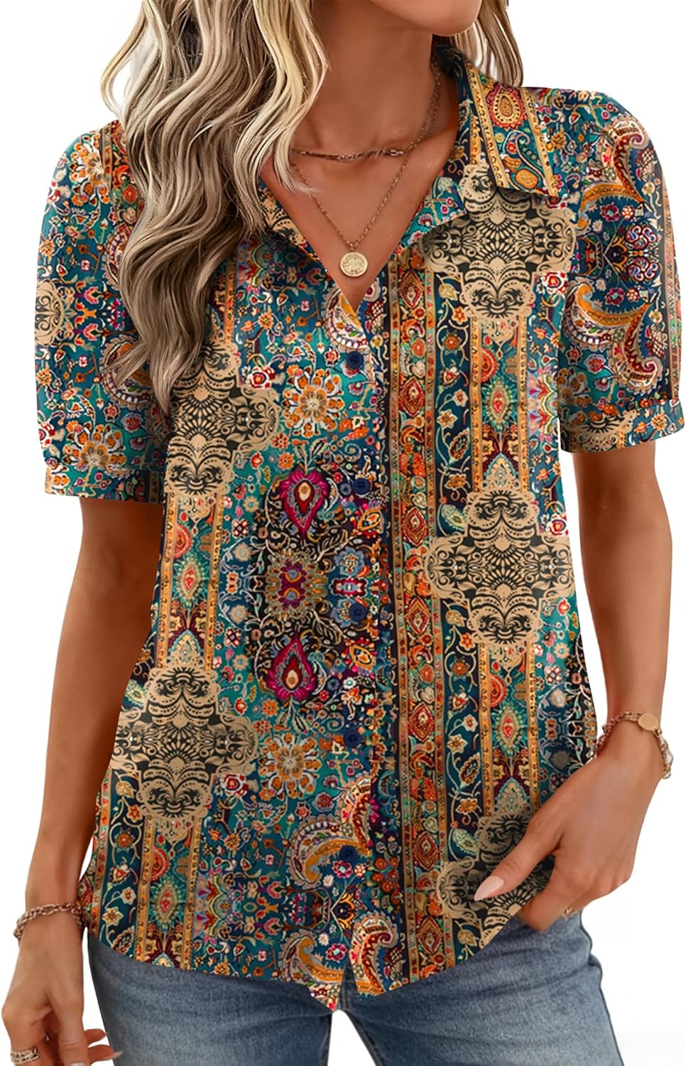 Zeagoo Women Button Down Shirts Puff Short Sleeve Blouses Chiffon Tops Business Casual Outfits Summer Clothes - Image 2