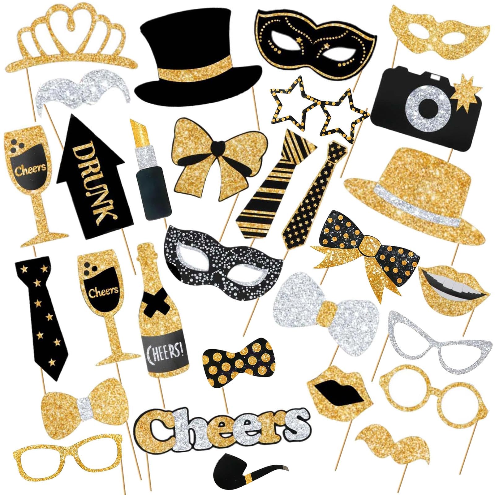 YUBBYSTU 30pcs Party Photo Booth Props,Glitter Prom Photobooth Kit Birthday Photo Booth Accessories Moustache Lipstick Tie Glasses Party Supplies for Funny Party Weddings School Leavers