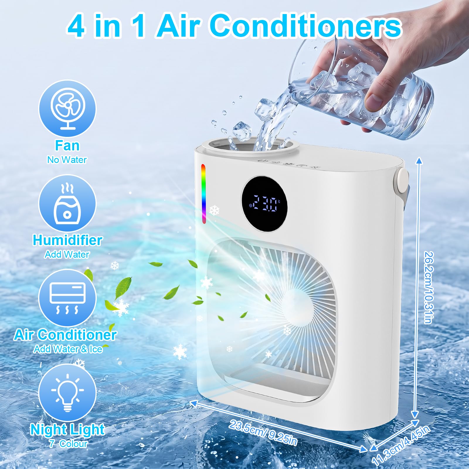 Condizionatore Portatile Silenzioso con 900ml,USB Mini Climatizzatore Evaporativo Ventilatore con 3 Velocità,Raffreddatore D'aria Luci LED & Risparmio EnergeticoIdeale per Spazi Piccoli(Blanco)