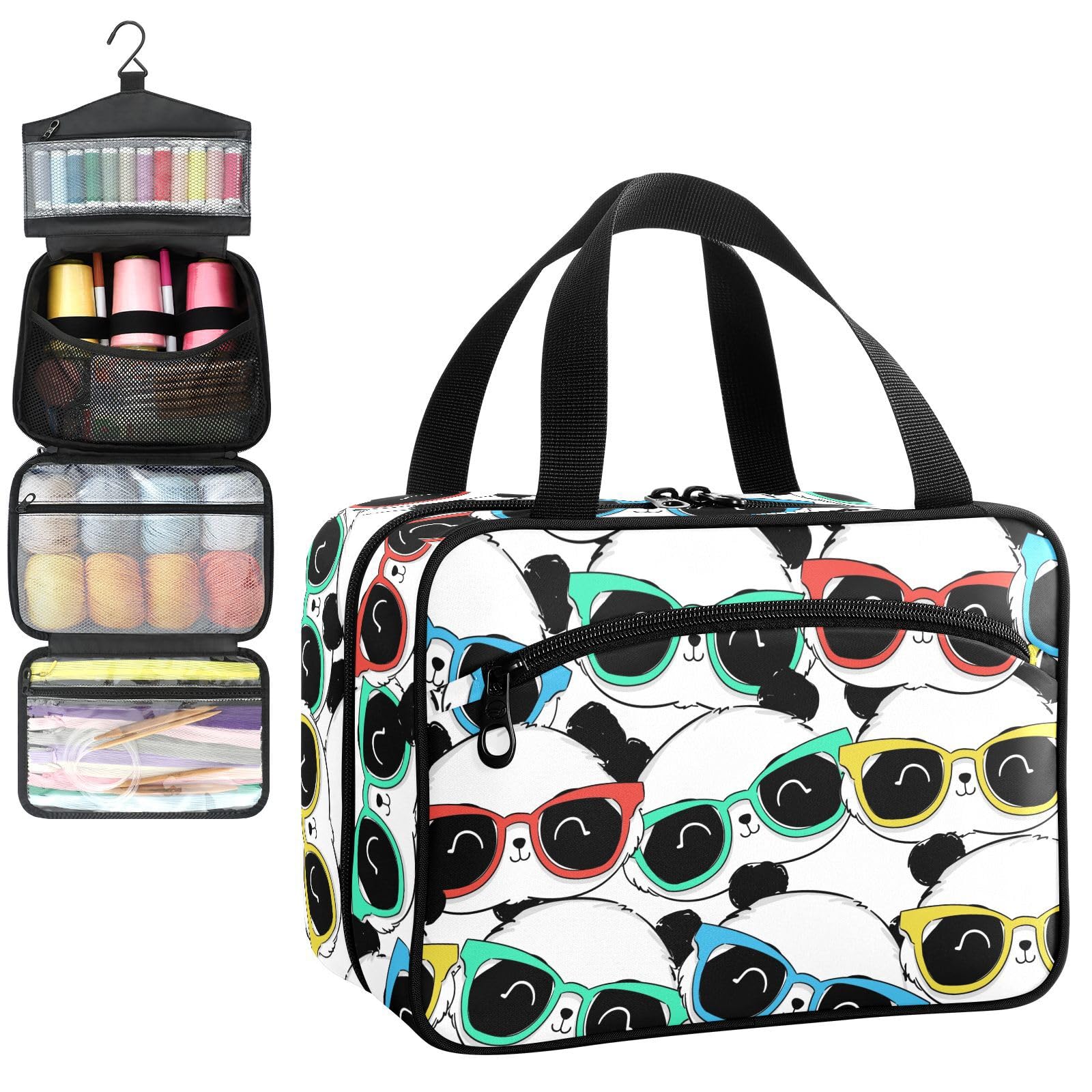 YNNALE Sewing Supply Organizer Bag, Cartoon Panda with Colorful Glasses Portable Sewing Bags with Pockets&Hanger, Sewing Storage Box Case for Sew Supplies/Kit/Tools/Accessories (BAG ONLY)