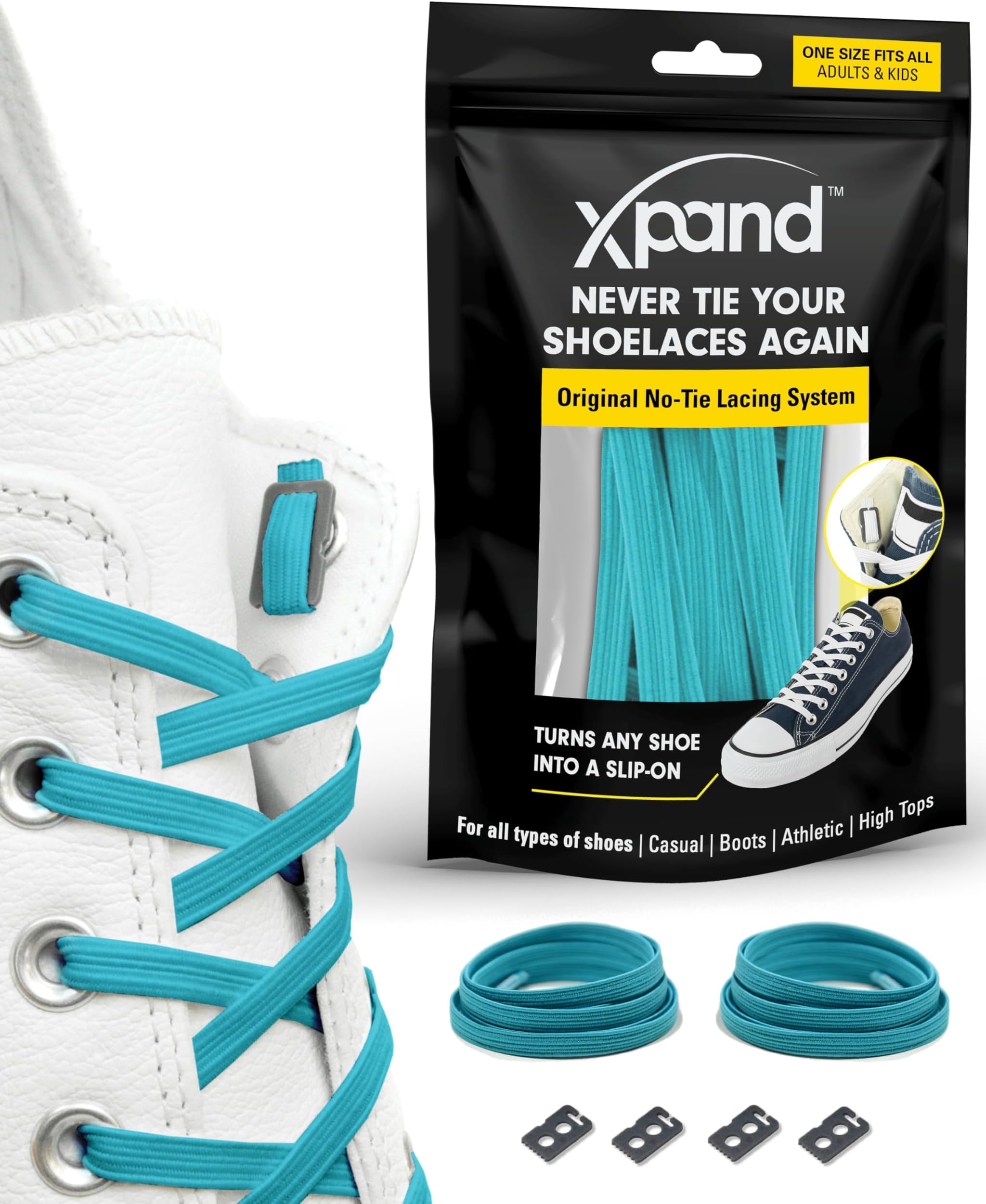 No Tie Elastic Shoelaces. 1 Size Fits All for Adults & Kids | Stretch Laces for Sneakers, Runners & High Tops Shoes
