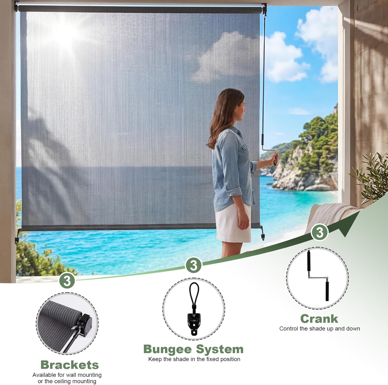 MEOOEM 7'W x 8'H Outdoor Roller Shade, Cordless Exterior Patio Blinds with Crank Wand, 95% UV Block Privacy Sun Shade 200GSM HDPE for Pergola Gazebo Porch Deck, Light Gray