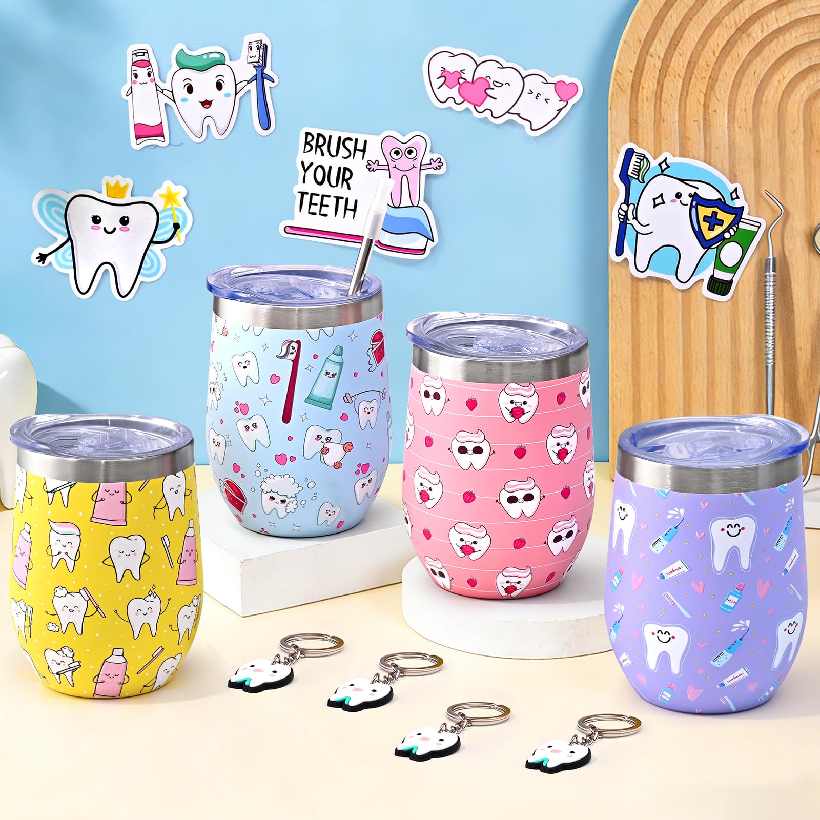 Lifecapido 9Pcs Dental Hygienist Gifts, Dental Assistant Appreciation Gifts Bulk for Coworkers, 12oz Wine Tumbler with Lid & Straw, Tooth Keychains, Stickers for Appreciation Week(Multicolor)