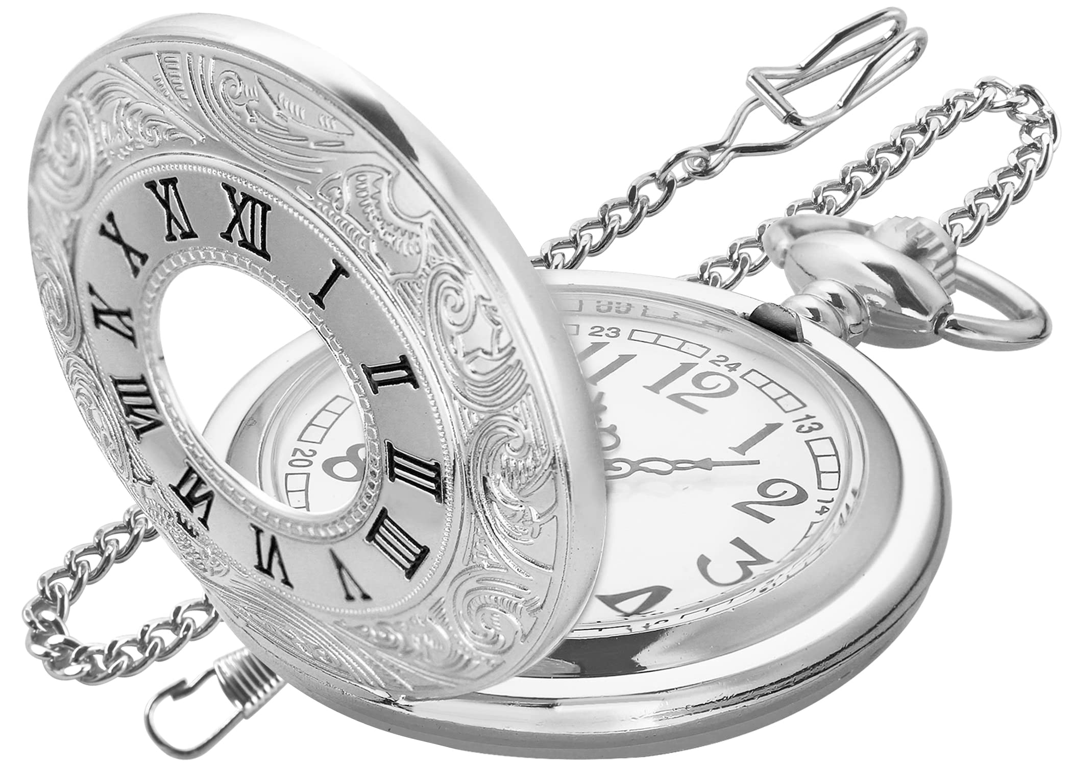 Hollowed Out Quartz Pocket Watch for Men, Arabic Numerals White Dial Pocket Watches, Quartz Pocket Watch with Chain for Christmas Graduation Birthday Gifts Fathers Day