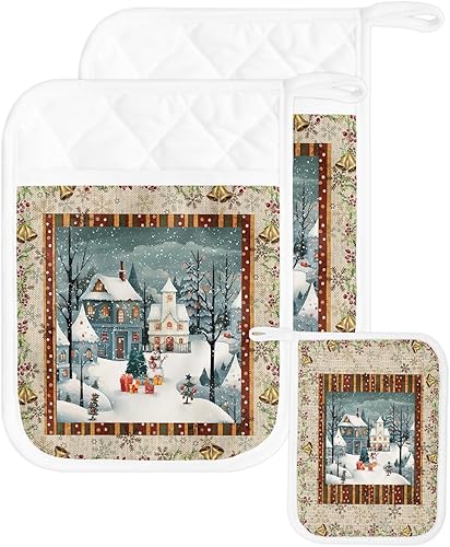 Miniatura 44 de Juego de 2 agarraderas de tela de toalla para cocina, antideslizantes, aislantes y térmicas, con bolsillo, guantes gruesos para horno, posavasos