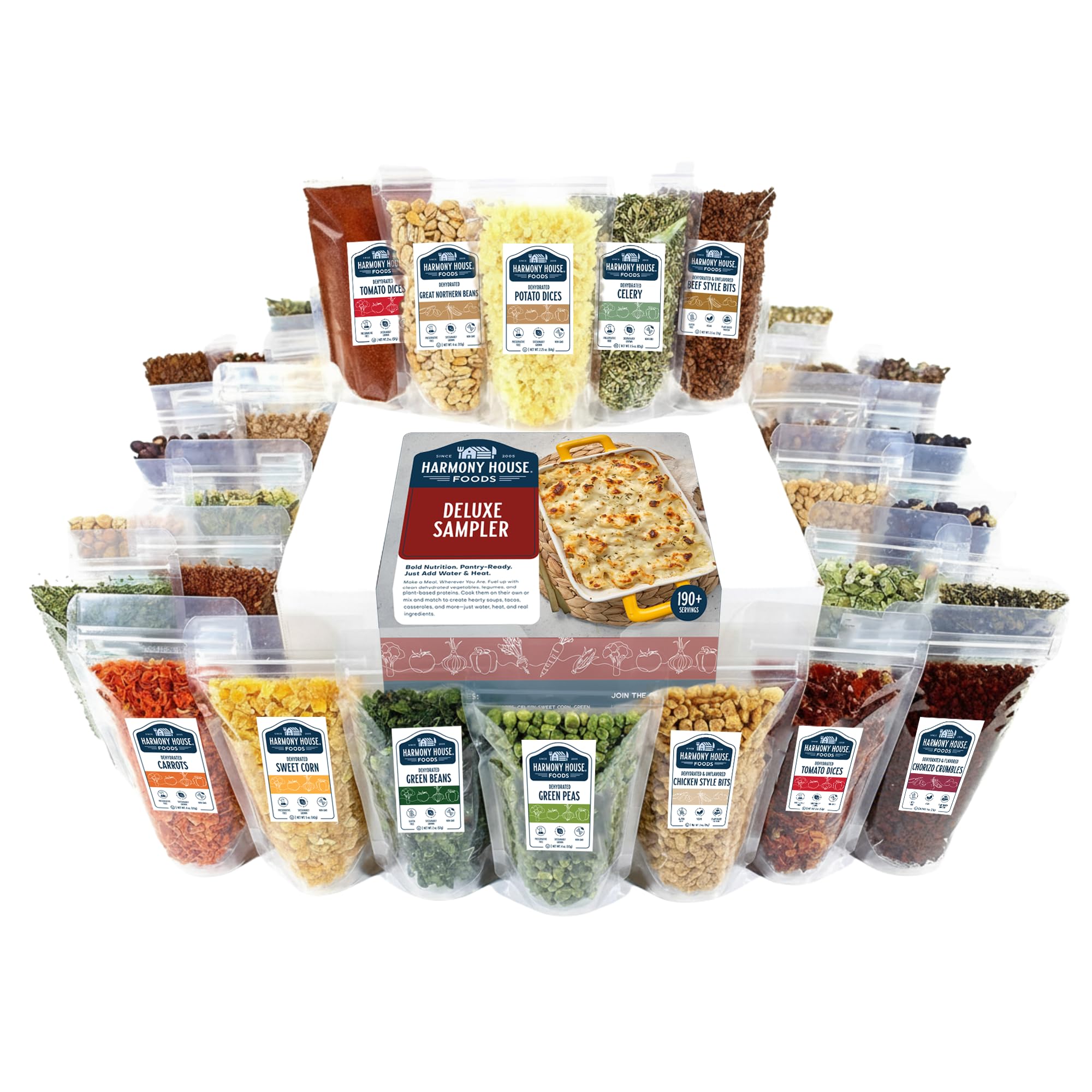 Harmony House Deluxe Sampler - 32 Count Variety Pack, Resealable Zip Pouches, For Cooking, Camping, Emergency Supply and More