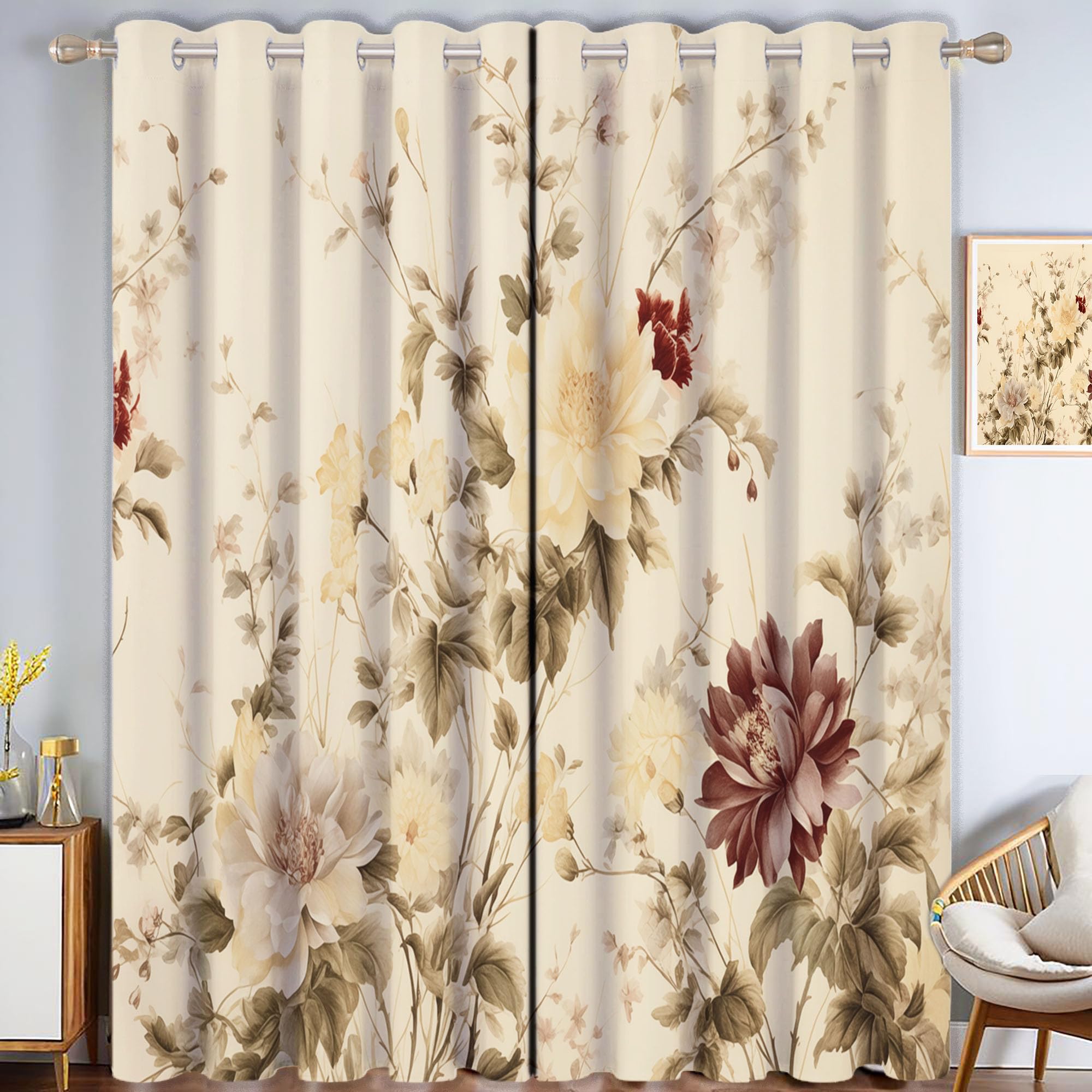 Cortinas Opacas con Estampado Plantas Retro Dormitorio, 140×160 CM, con Estampado de Peonía CaíDas con Ojales, Aislamiento TéRmico Amarillo, ReduccióN De Ruido, Juego De 2