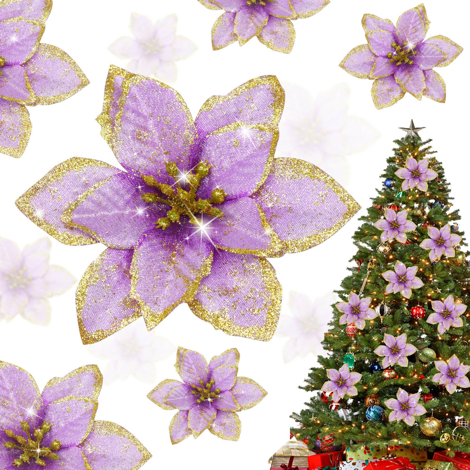 Shining She 10pcs Artificial Christmas Flowers, Glitter Poinsettia Flowers Ornament