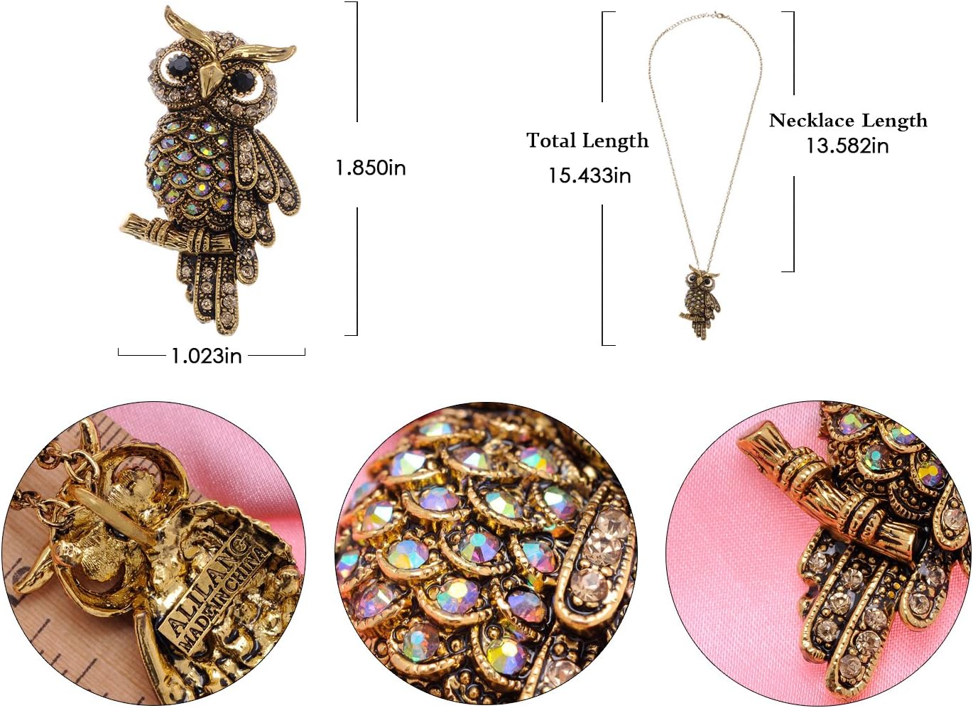 Alilang Cute Antique Inspired Golden Tone Owl Bird Topaz Color Crystal Animal Pendant Necklace - Image 5