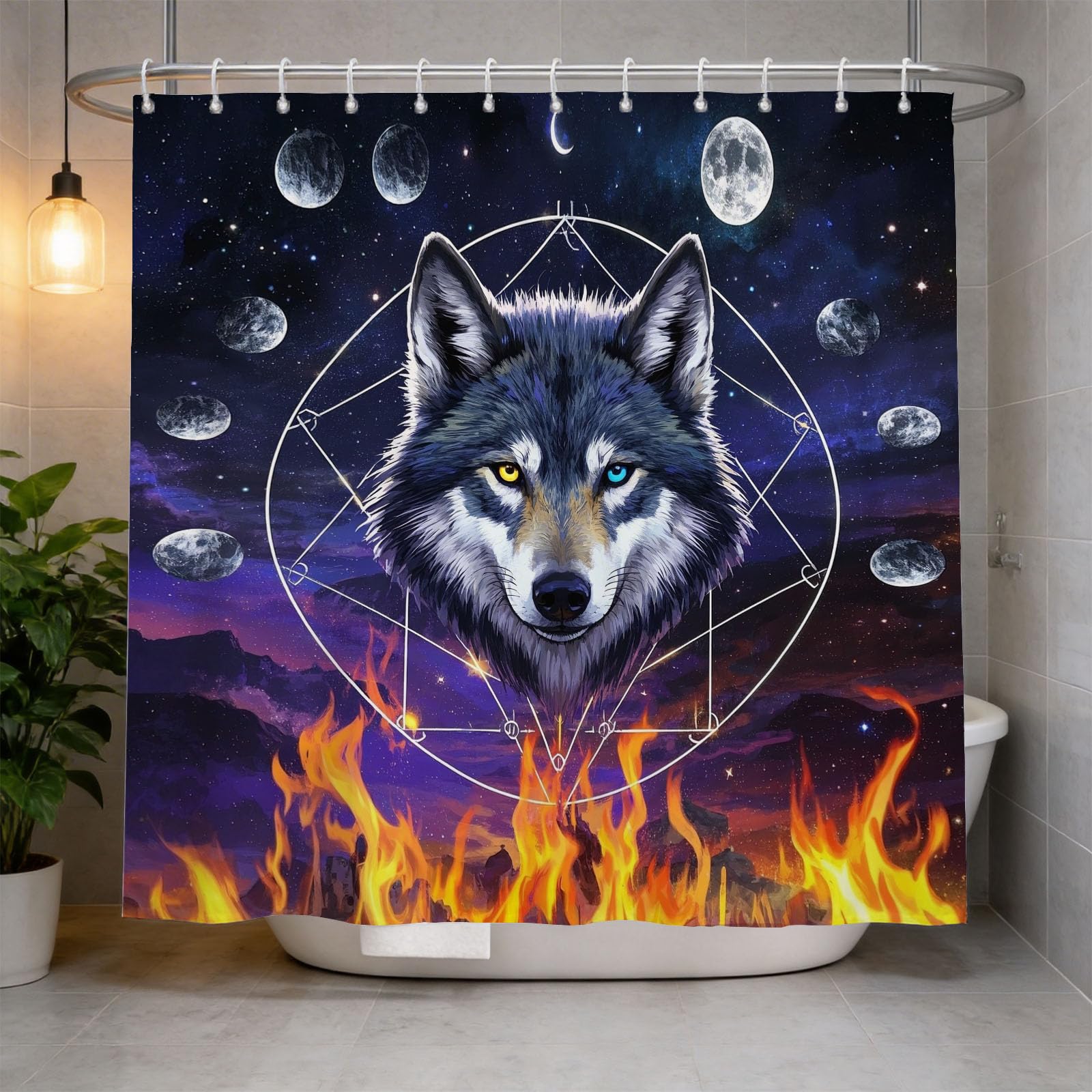 Hongduo 3D Wolf Shower Curtain for Stalls Bathtubs Chic Flame Bathroom Decor Shower Curtain Set Polyester Fabric Waterproof 120x180cm/48X71 Inch with Hooks