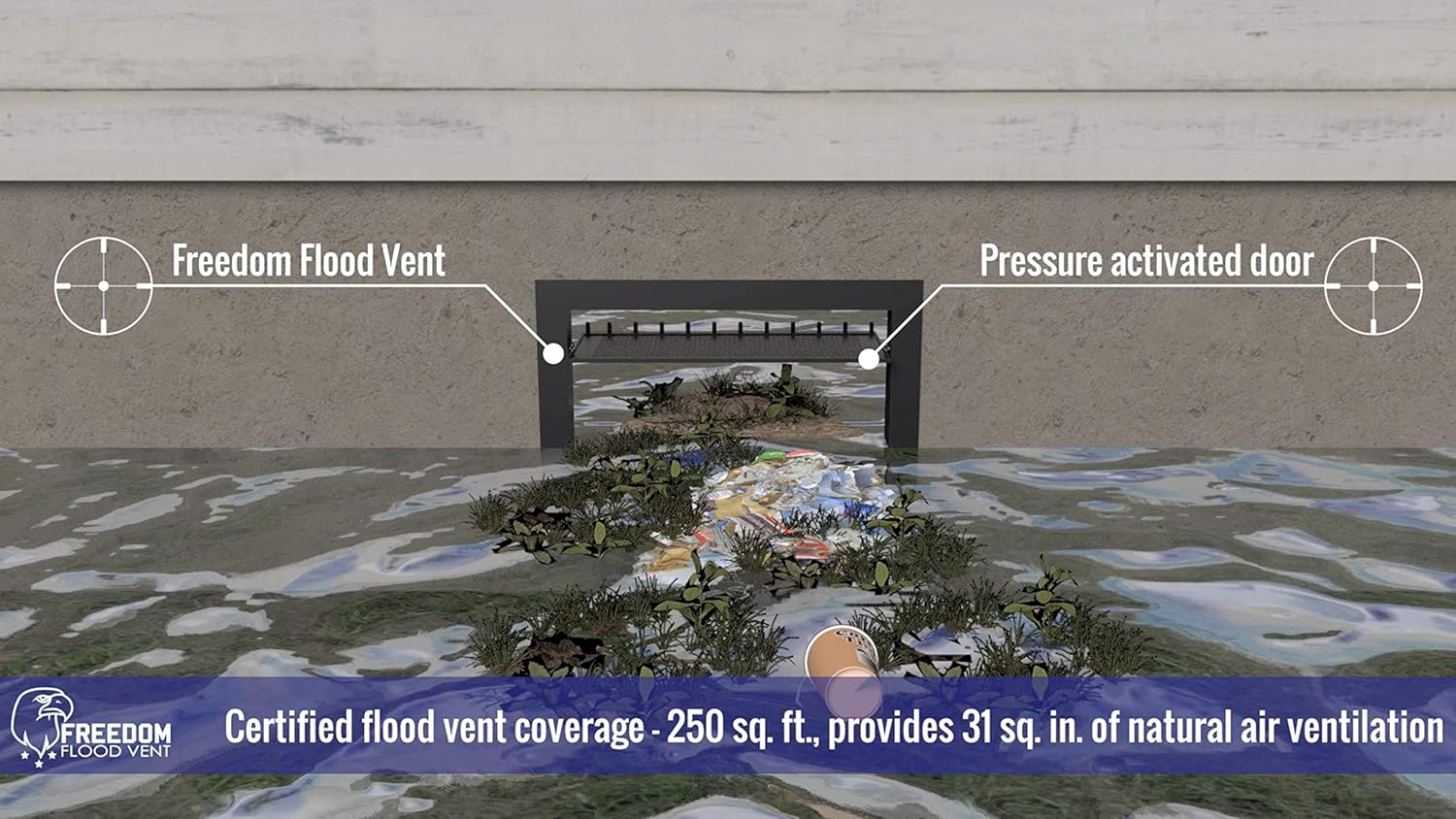Bi-Directional Flood Vent to Reduce Foundation Damage and Flood Risk, FEMA Compliant, ICC-ES Certified for 250 sq. ft. - Black, Wall Mounted (16" Wide x 8" high x 2" deep)