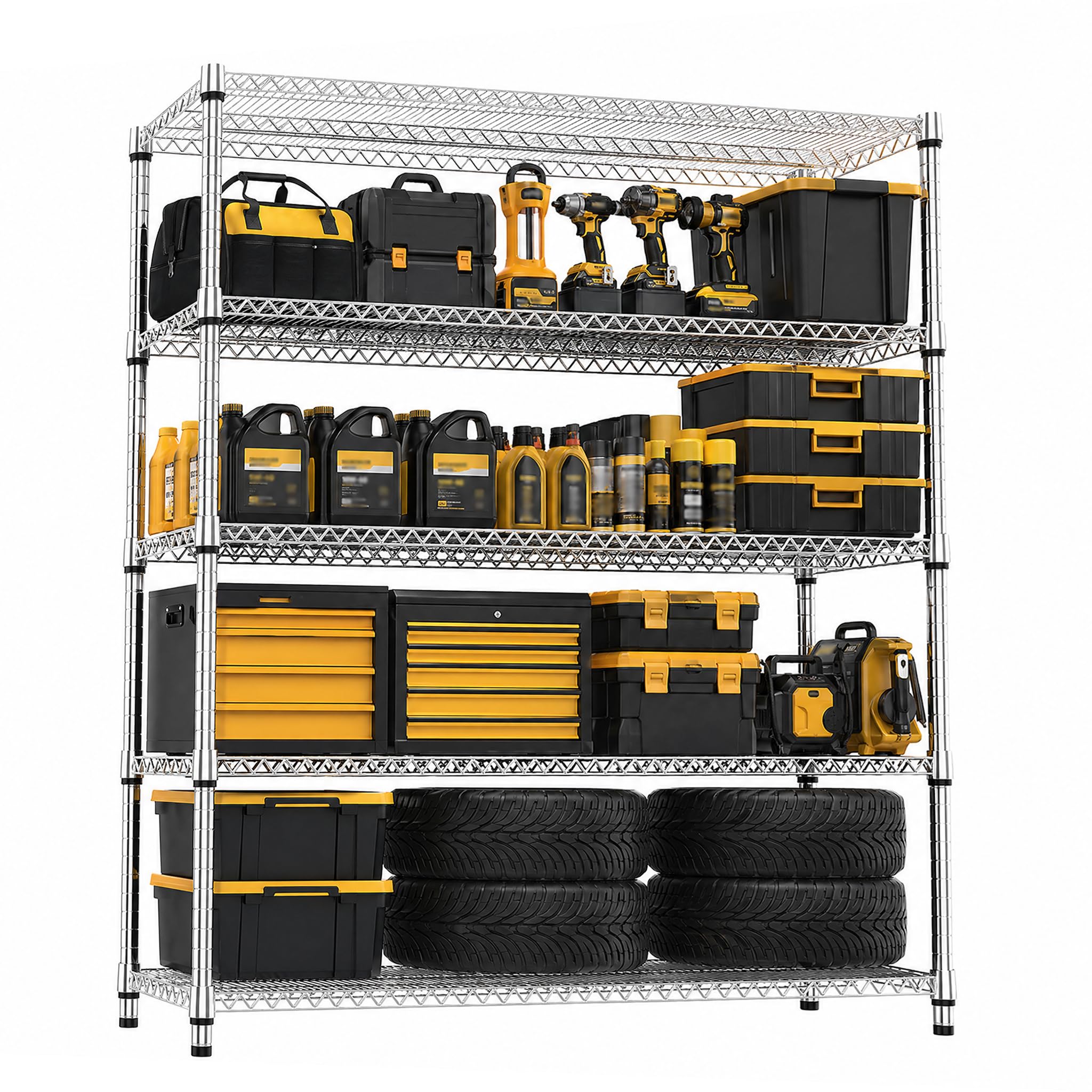 M MZG 5-Shelf Storage Unit With Height Adjustable Shelves and Levelling Feet for Garage Bedroom Living Room Kitchen Pantry 1498.2 kg Max 45 x 150 x 178.7 cm Chrome