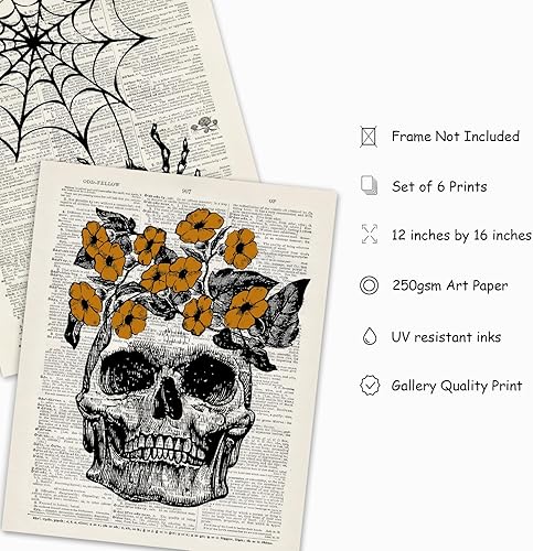 Miniatura 2 de Whaline 6 impresiones artísticas de esqueleto de Halloween de 12 x 16 pulgadas, espeluznante arte gótico para pared, póster de Murciélago Bruja,